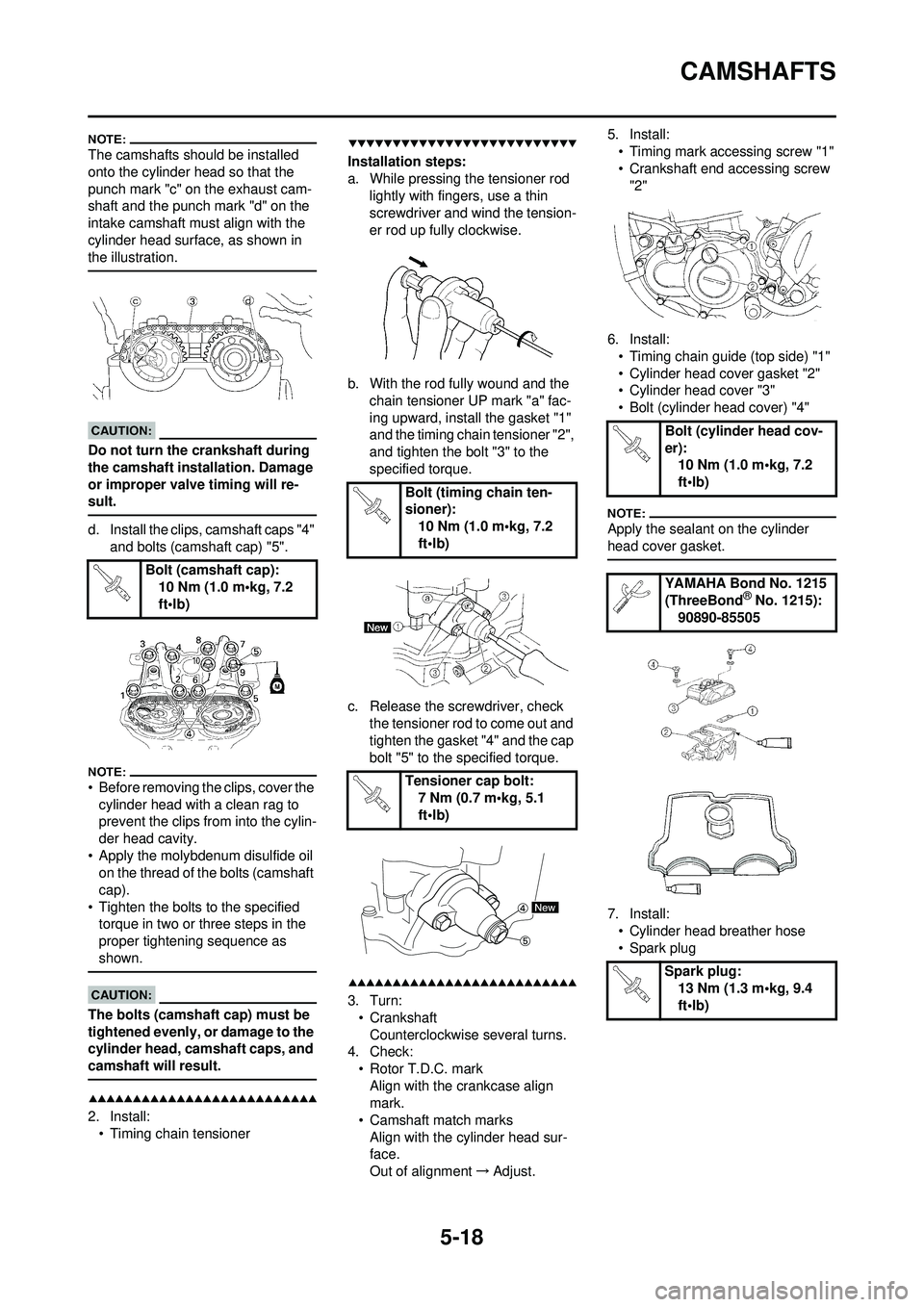 YAMAHA WR 250F 2008  Owners Manual 5-18
CAMSHAFTS
The camshafts should be installed 
onto the cylinder head so that the 
punch mark "c" on the exhaust cam-
shaft and the punch mark "d" on the 
intake camshaft must align with the 
cylin