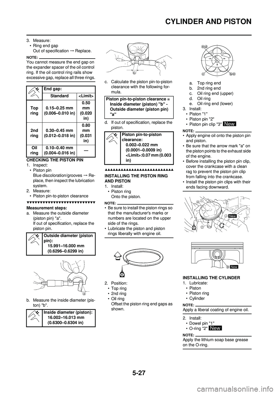 YAMAHA WR 250F 2008 Owners Manual 5-27
CYLINDER AND PISTON
3. Measure:• Ring end gapOut of specification →Replace.
You cannot measure the end gap on
the expander spacer of the oil control
ring. If the oil control ring rails show YAMAHA WR 250F 2008 Owners Manual 5-27
CYLINDER AND PISTON
3. Measure:• Ring end gapOut of specification →Replace.
You cannot measure the end gap on
the expander spacer of the oil control
ring. If the oil control ring rails show