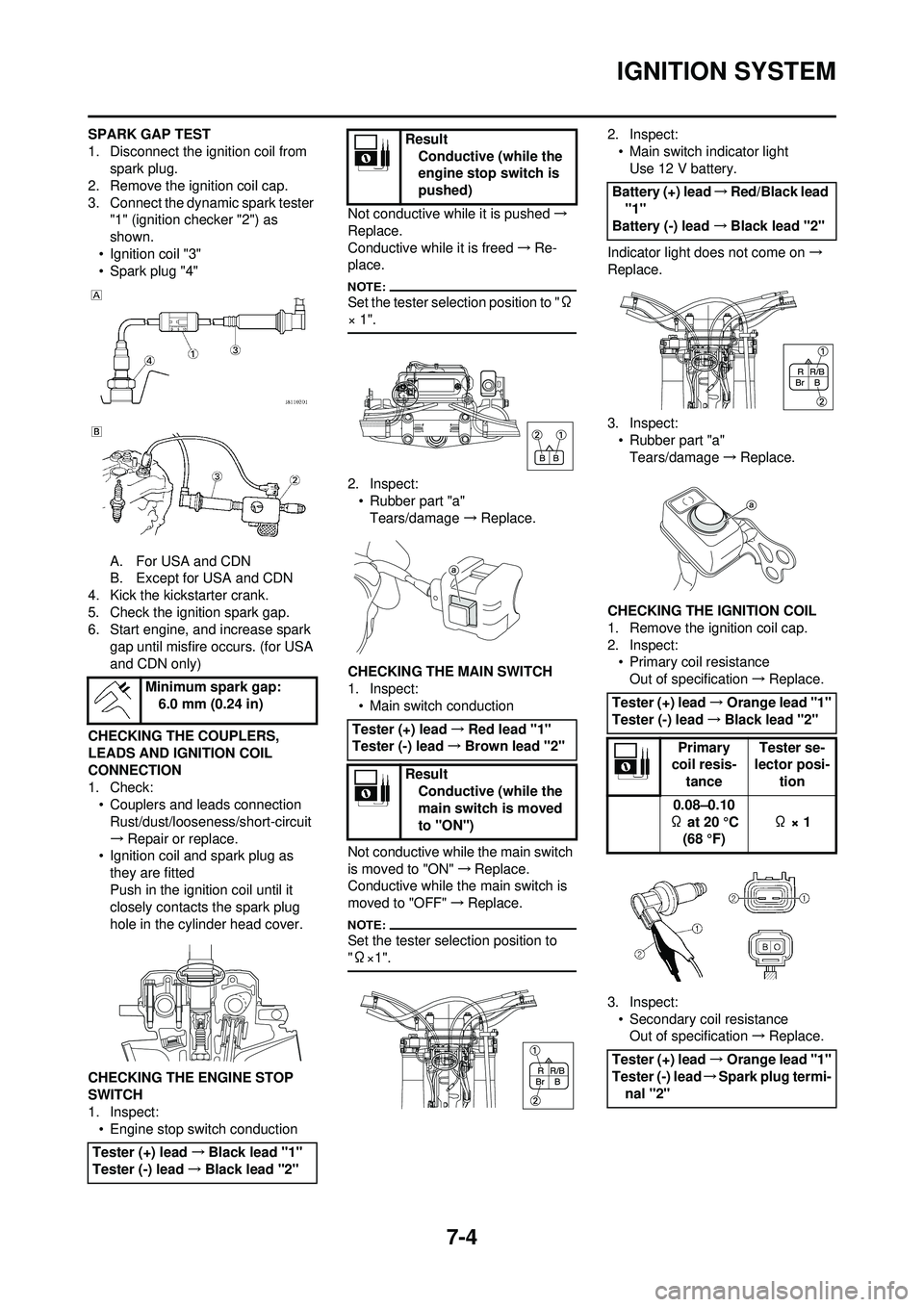 YAMAHA WR 250F 2008 Owners Manual 7-4
IGNITION SYSTEM
SPARK GAP TEST
1. Disconnect the ignition coil from spark plug.
2. Remove the ignition coil cap.
3. Connect the dynamic spark tester "1" (ignition ch ecker "2") as
shown.
• Ign YAMAHA WR 250F 2008 Owners Manual 7-4
IGNITION SYSTEM
SPARK GAP TEST
1. Disconnect the ignition coil from spark plug.
2. Remove the ignition coil cap.
3. Connect the dynamic spark tester "1" (ignition ch ecker "2") as
shown.
• Ign