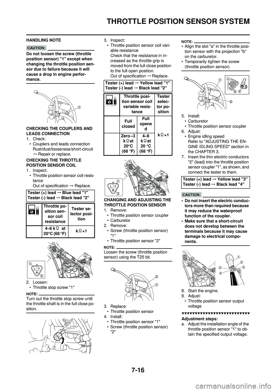 YAMAHA WR 250F 2008 User Guide 7-16
THROTTLE POSITION SENSOR SYSTEM
HANDLING NOTE
Do not loosen the screw (throttle
position sensor) "1" except when
changing the throttle position sen-
sor due to failure because it will
cause a YAMAHA WR 250F 2008 User Guide 7-16
THROTTLE POSITION SENSOR SYSTEM
HANDLING NOTE
Do not loosen the screw (throttle
position sensor) "1" except when
changing the throttle position sen-
sor due to failure because it will
cause a