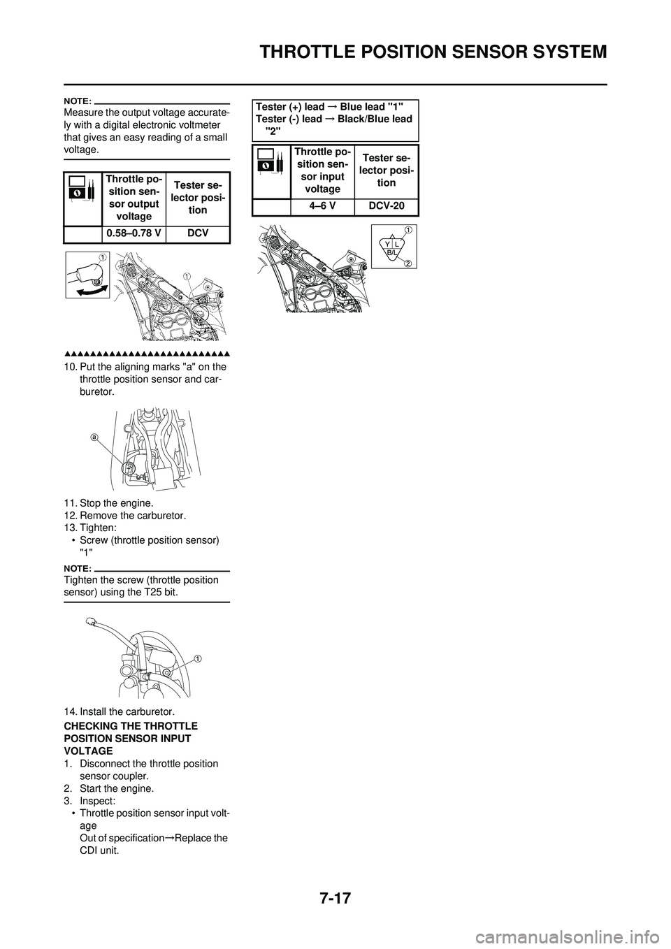 YAMAHA WR 250F 2008 User Guide 7-17
THROTTLE POSITION SENSOR SYSTEM
Measure the output voltage accurate-
ly with a digital electronic voltmeter
that gives an easy reading of a small
voltage.
10. Put the aligning marks "a" on the YAMAHA WR 250F 2008 User Guide 7-17
THROTTLE POSITION SENSOR SYSTEM
Measure the output voltage accurate-
ly with a digital electronic voltmeter
that gives an easy reading of a small
voltage.
10. Put the aligning marks "a" on the