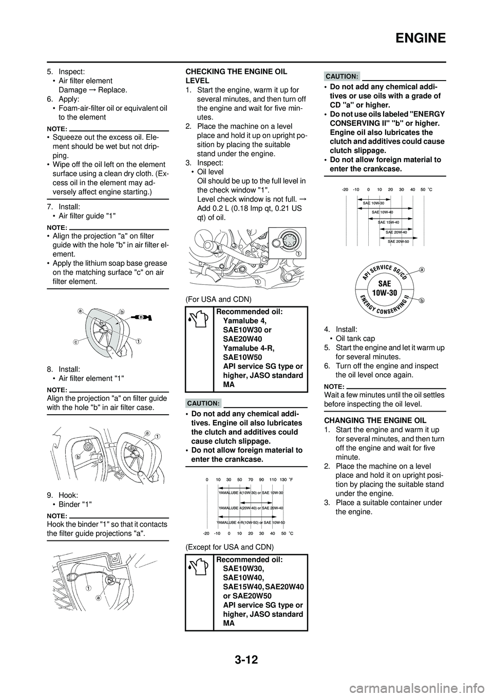 YAMAHA WR 250F 2008 Repair Manual 3-12
ENGINE
5. Inspect:• Air filter elementDamage →Replace.
6. Apply:
• Foam-air-filter oil or equivalent oil to the element
• Squeeze out the excess oil. Ele-ment should be wet but not drip-
YAMAHA WR 250F 2008 Repair Manual 3-12
ENGINE
5. Inspect:• Air filter elementDamage →Replace.
6. Apply:
• Foam-air-filter oil or equivalent oil to the element
• Squeeze out the excess oil. Ele-ment should be wet but not drip-