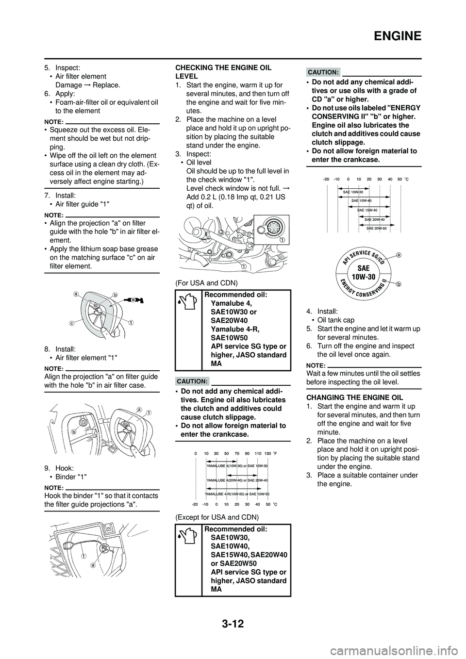 YAMAHA WR 250F 2008  Owners Manual 3-12
ENGINE
5. Inspect:• Air filter elementDamage →Replace.
6. Apply:
• Foam-air-filter oil or equivalent oil to the element
• Squeeze out the excess oil. Ele-ment should be wet but not drip-
