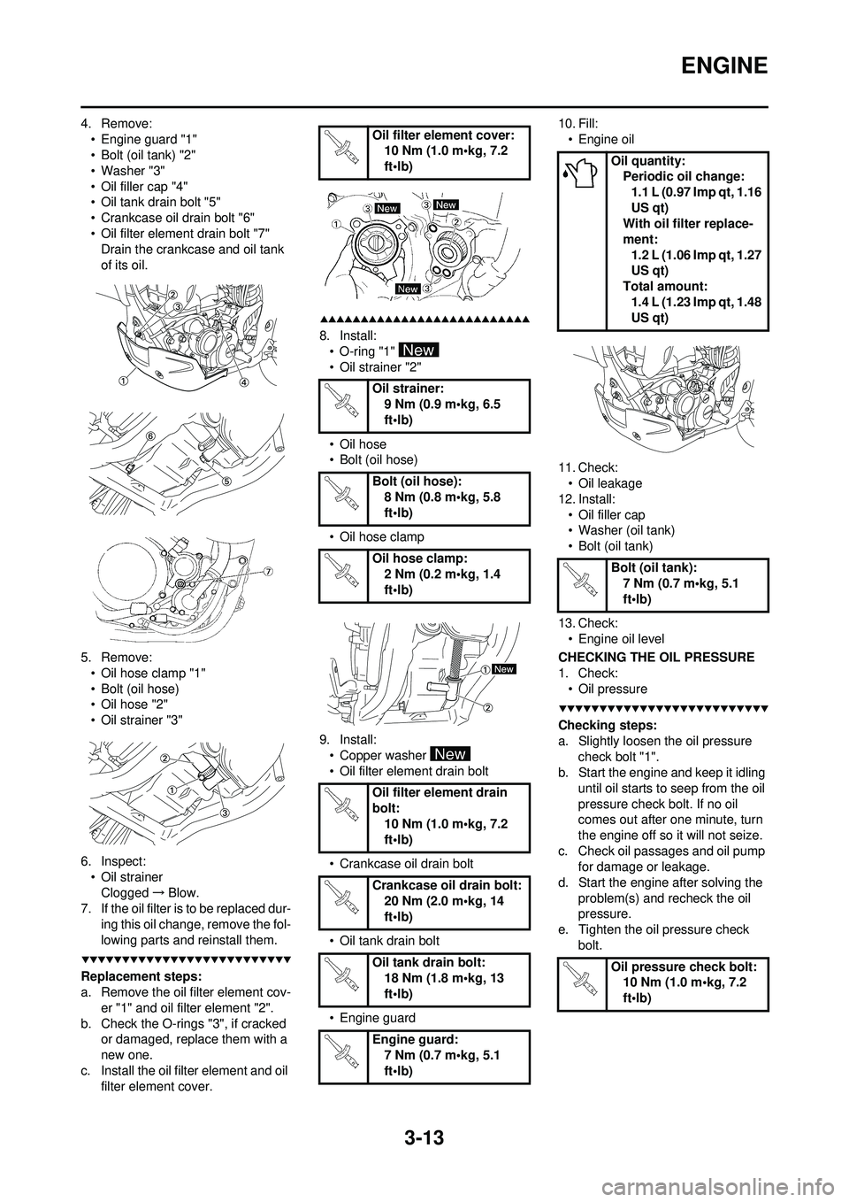 YAMAHA WR 250F 2008 Repair Manual 3-13
ENGINE
4. Remove:• Engine guard "1"
• Bolt (oil tank) "2"
• Washer "3"
• Oil filler cap "4"
• Oil tank drain bolt "5"
• Crankcase oil drain bolt "6"
• Oil filter element drain bolt YAMAHA WR 250F 2008 Repair Manual 3-13
ENGINE
4. Remove:• Engine guard "1"
• Bolt (oil tank) "2"
• Washer "3"
• Oil filler cap "4"
• Oil tank drain bolt "5"
• Crankcase oil drain bolt "6"
• Oil filter element drain bolt