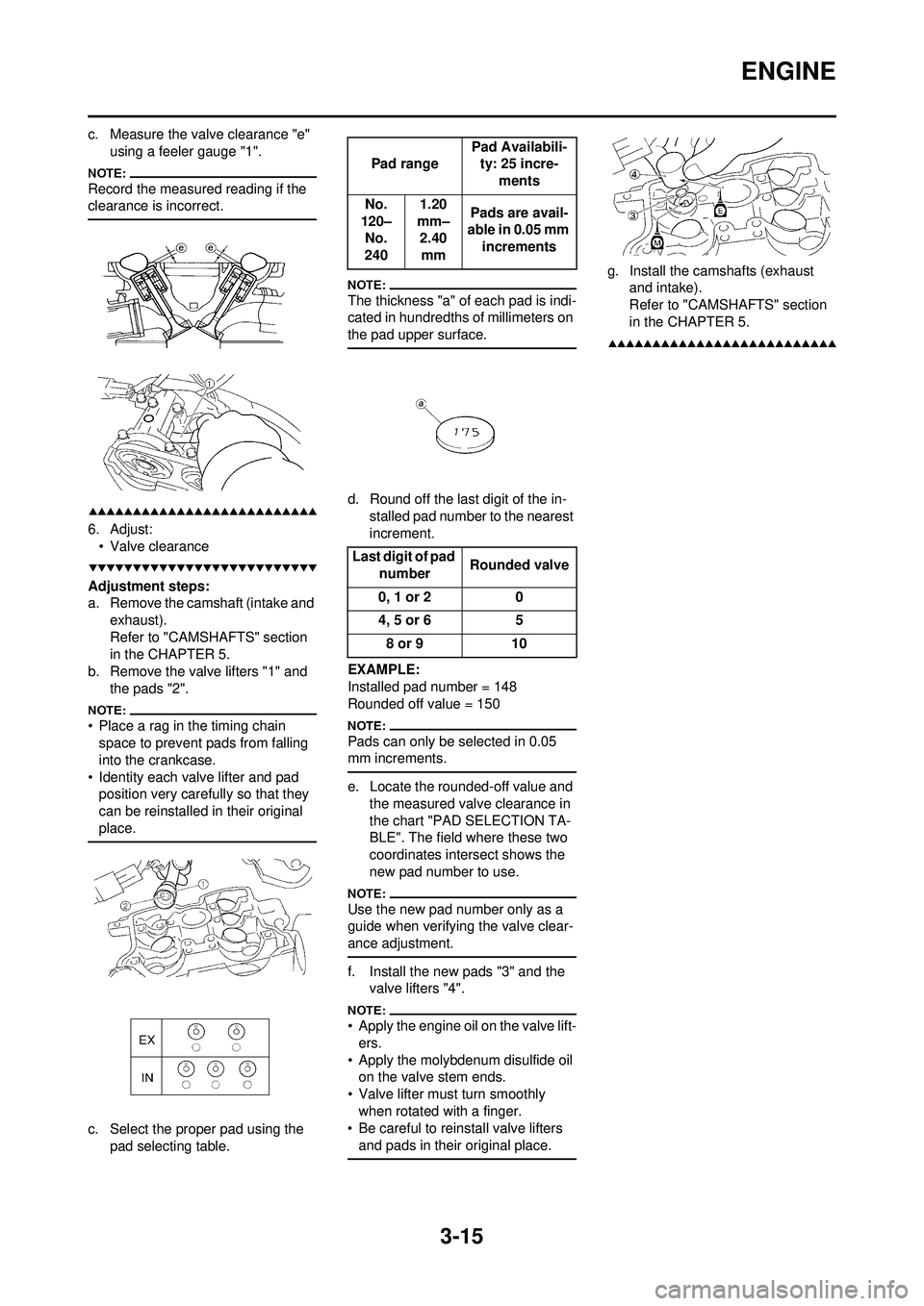 YAMAHA WR 250F 2008 Repair Manual 3-15
ENGINE
c. Measure the valve clearance "e" using a feeler gauge "1".
Record the measured reading if the
clearance is incorrect.
6. Adjust:• Valve clearance
Adjustment steps:
a. Remove the camsh YAMAHA WR 250F 2008 Repair Manual 3-15
ENGINE
c. Measure the valve clearance "e" using a feeler gauge "1".
Record the measured reading if the
clearance is incorrect.
6. Adjust:• Valve clearance
Adjustment steps:
a. Remove the camsh