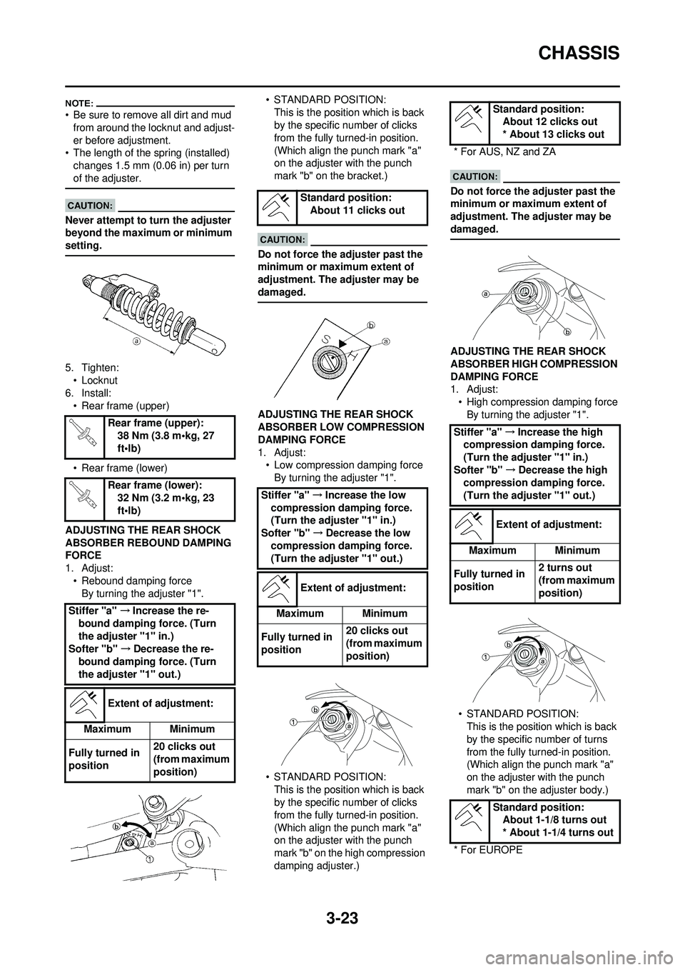 YAMAHA WR 250F 2008 Manual PDF 3-23
CHASSIS
• Be sure to remove all dirt and mud from around the locknut and adjust-
er before adjustment.
• The length of the spring (installed)  changes 1.5 mm (0.06 in) per turn 
of the adjust