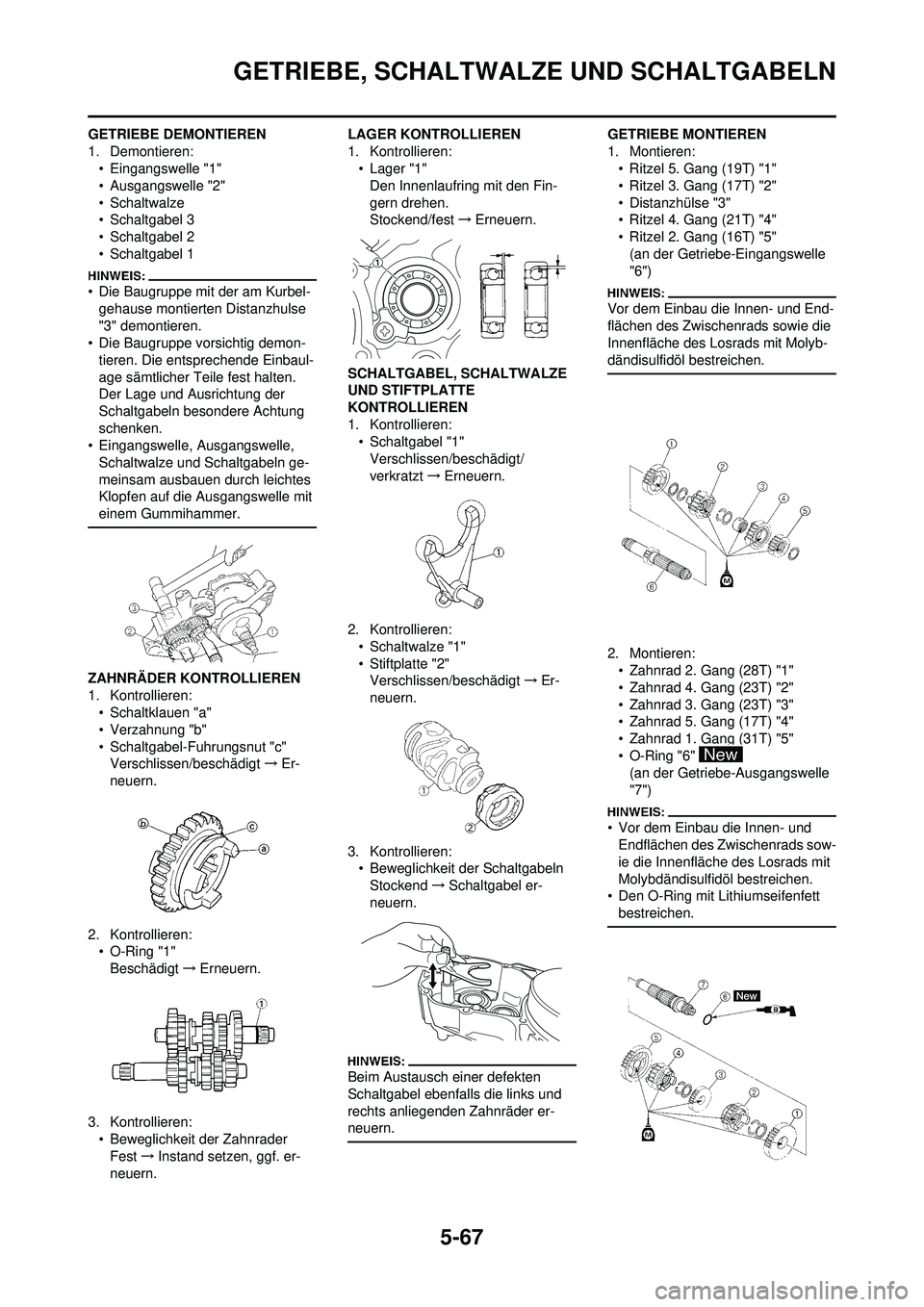 YAMAHA WR 250F 2008 Betriebsanleitungen (in German) 5-67
GETRIEBE, SCHALTWALZE UND SCHALTGABELN
GETRIEBE DEMONTIEREN
1. Demontieren:• Eingangswelle "1"
• Ausgangswelle "2"
• Schaltwalze
• Schaltgabel 3
• Schaltgabel 2
• Schaltgabel 1
• Di YAMAHA WR 250F 2008 Betriebsanleitungen (in German) 5-67
GETRIEBE, SCHALTWALZE UND SCHALTGABELN
GETRIEBE DEMONTIEREN
1. Demontieren:• Eingangswelle "1"
• Ausgangswelle "2"
• Schaltwalze
• Schaltgabel 3
• Schaltgabel 2
• Schaltgabel 1
• Di