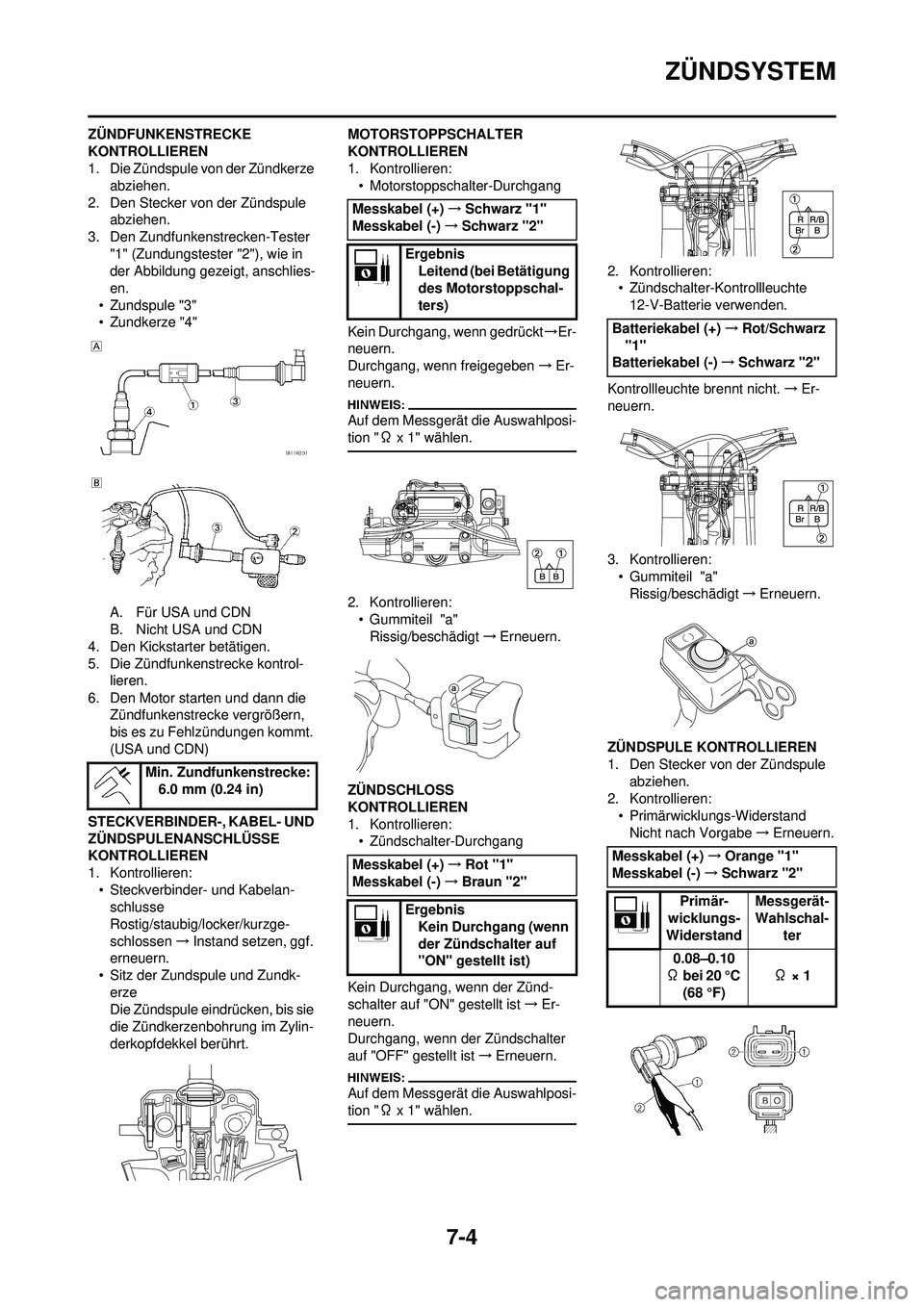 YAMAHA WR 250F 2008  Betriebsanleitungen (in German) 7-4
ZÜNDSYSTEM
ZÜNDFUNKENSTRECKE 
KONTROLLIEREN
1. Die Zündspule von der Zündkerze abziehen.
2. Den Stecker von der Zündspule  abziehen.
3. Den Zundfunkenstrecken-Tester 
"1" (Zundungstester "2")