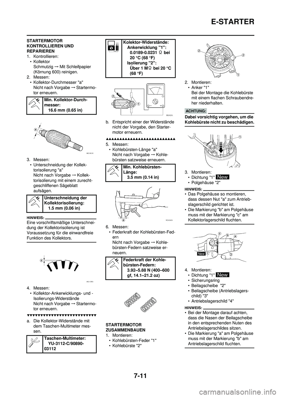 YAMAHA WR 250F 2008  Betriebsanleitungen (in German) 7-11
E-STARTER
STARTERMOTOR 
KONTROLLIEREN UND 
REPARIEREN
1. Kontrollieren:•KollektorSchmutzig →Mit Schleifpapier 
(Körnung 600) reinigen.
2. Messen: • Kollektor-Durchmesser "a"Nicht nach Vorg