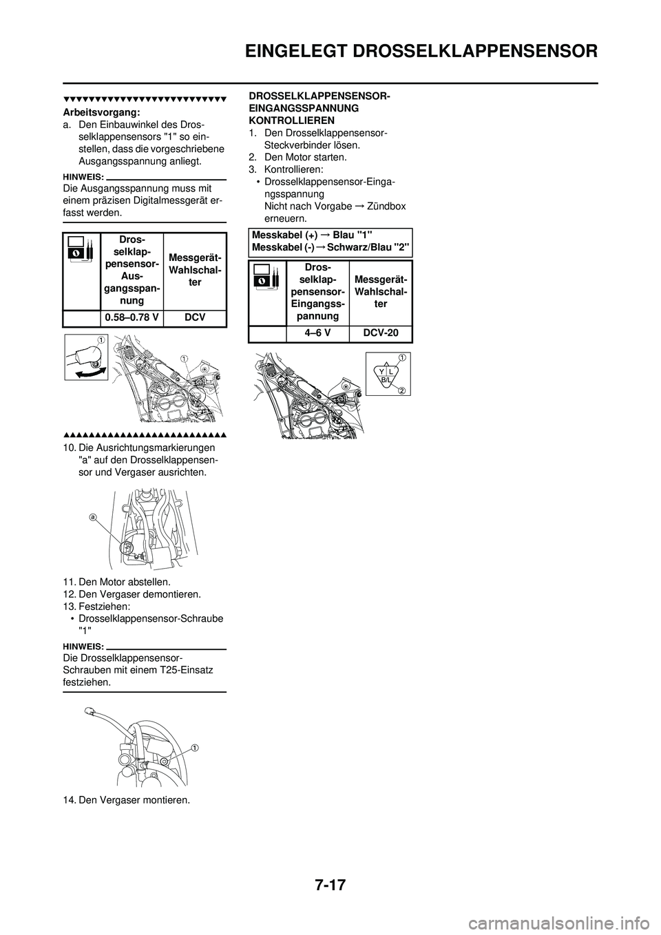 YAMAHA WR 250F 2008 Betriebsanleitungen (in German) 7-17
EINGELEGT DROSSELKLAPPENSENSOR
Arbeitsvorgang:
a. Den Einbauwinkel des Dros-selklappensensors "1" so ein-
stellen, dass die vorgeschriebene
Ausgangsspannung anliegt.
Die Ausgangsspannung muss mi YAMAHA WR 250F 2008 Betriebsanleitungen (in German) 7-17
EINGELEGT DROSSELKLAPPENSENSOR
Arbeitsvorgang:
a. Den Einbauwinkel des Dros-selklappensensors "1" so ein-
stellen, dass die vorgeschriebene
Ausgangsspannung anliegt.
Die Ausgangsspannung muss mi