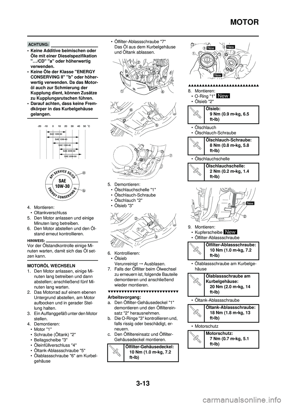 YAMAHA WR 250F 2008 Betriebsanleitungen (in German) 3-13
MOTOR
• Keine Additive beimischen oder Öle mit einer Dies elspezifikation
"…/CD" "a" oder höherwertig
verwenden.
• Keine Öle der Klasse "ENERGY CONSERVING II" "b" oder höher-
wertig YAMAHA WR 250F 2008 Betriebsanleitungen (in German) 3-13
MOTOR
• Keine Additive beimischen oder Öle mit einer Dies elspezifikation
"…/CD" "a" oder höherwertig
verwenden.
• Keine Öle der Klasse "ENERGY CONSERVING II" "b" oder höher-
wertig