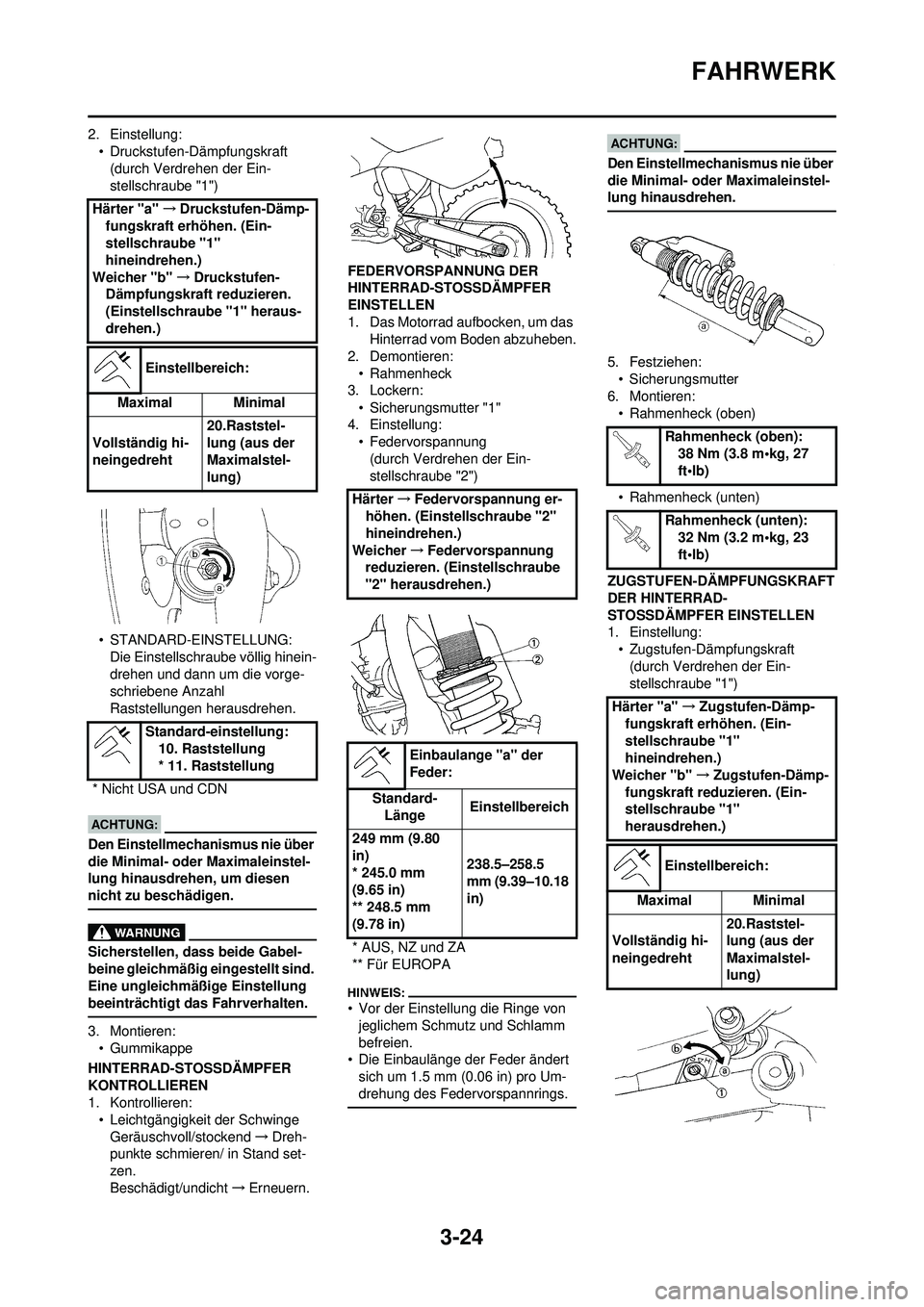 YAMAHA WR 250F 2008  Betriebsanleitungen (in German) 3-24
FAHRWERK
2. Einstellung:• Druckstufen-Dämpfungskraft(durch Verdrehen der Ein-
stellschraube "1")
• STANDARD-EINSTELLUNG: Die Einstellschraube völlig hinein-
drehen und dann um die vorge-
sc