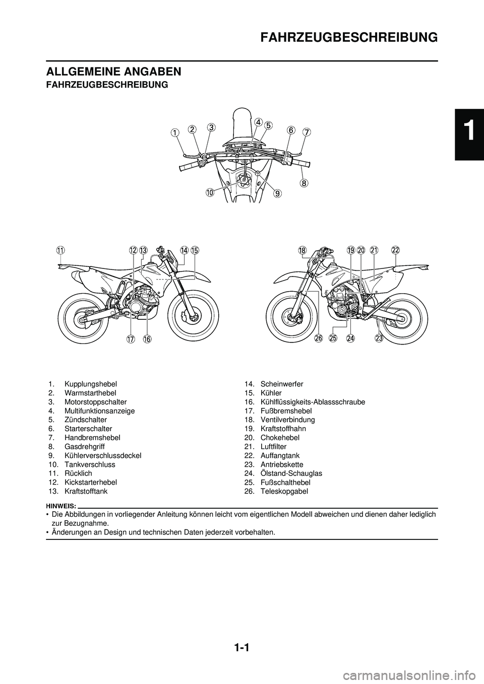 YAMAHA WR 250F 2008 Betriebsanleitungen (in German) 1-1
FAHRZEUGBESCHREIBUNG
ALLGEMEINE ANGABEN
FAHRZEUGBESCHREIBUNG
• Die Abbildungen in vorliegender Anleitung können leicht vom eigentlichen Modell abweichen und dienen daher lediglich
zur Bezugnah YAMAHA WR 250F 2008 Betriebsanleitungen (in German) 1-1
FAHRZEUGBESCHREIBUNG
ALLGEMEINE ANGABEN
FAHRZEUGBESCHREIBUNG
• Die Abbildungen in vorliegender Anleitung können leicht vom eigentlichen Modell abweichen und dienen daher lediglich
zur Bezugnah