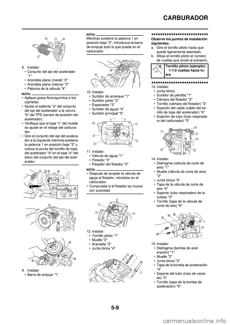 YAMAHA WR 250F 2008 Manuale de Empleo (in Spanish) 5-9
CARBURADOR
8. Instalar:• Conjunto del eje del acelerador "1"
• Arandela plana (metal) "2"
• Arandela plana (resina) "3"
• Palanca de la válvula "4"
• Aplique grasa fluoroquímica a los YAMAHA WR 250F 2008 Manuale de Empleo (in Spanish) 5-9
CARBURADOR
8. Instalar:• Conjunto del eje del acelerador "1"
• Arandela plana (metal) "2"
• Arandela plana (resina) "3"
• Palanca de la válvula "4"
• Aplique grasa fluoroquímica a los