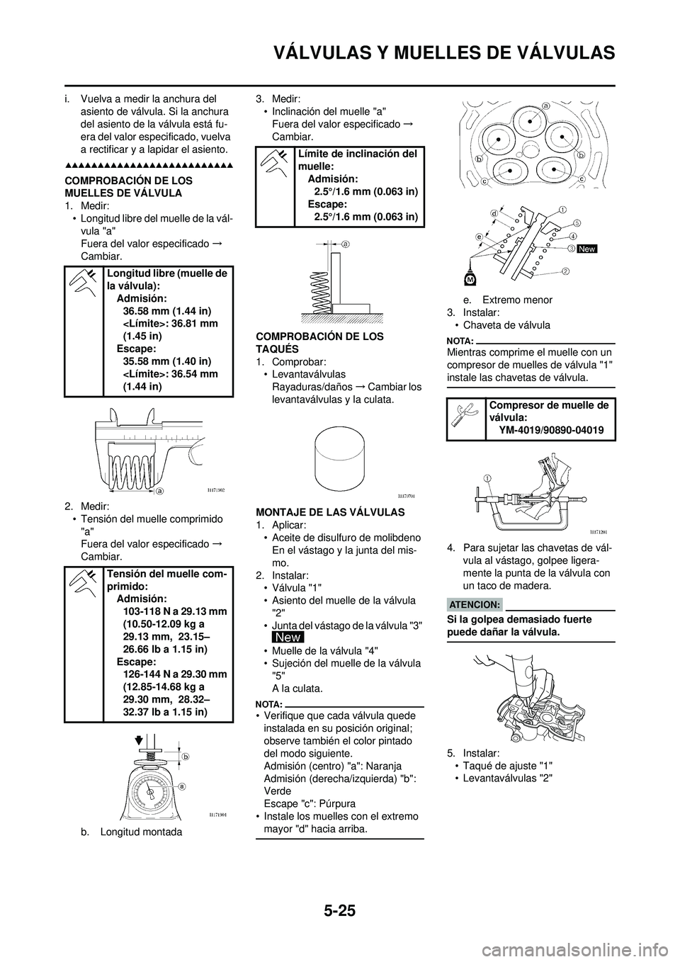 YAMAHA WR 250F 2008 Manuale de Empleo (in Spanish) 5-25
VÁLVULAS Y MUELLES DE VÁLVULAS
i. Vuelva a medir la anchura del asiento de válvula. Si la anchura
del asiento de la válvula está fu-
era del valor especificado, vuelva
a rectificar y a lap YAMAHA WR 250F 2008 Manuale de Empleo (in Spanish) 5-25
VÁLVULAS Y MUELLES DE VÁLVULAS
i. Vuelva a medir la anchura del asiento de válvula. Si la anchura
del asiento de la válvula está fu-
era del valor especificado, vuelva
a rectificar y a lap