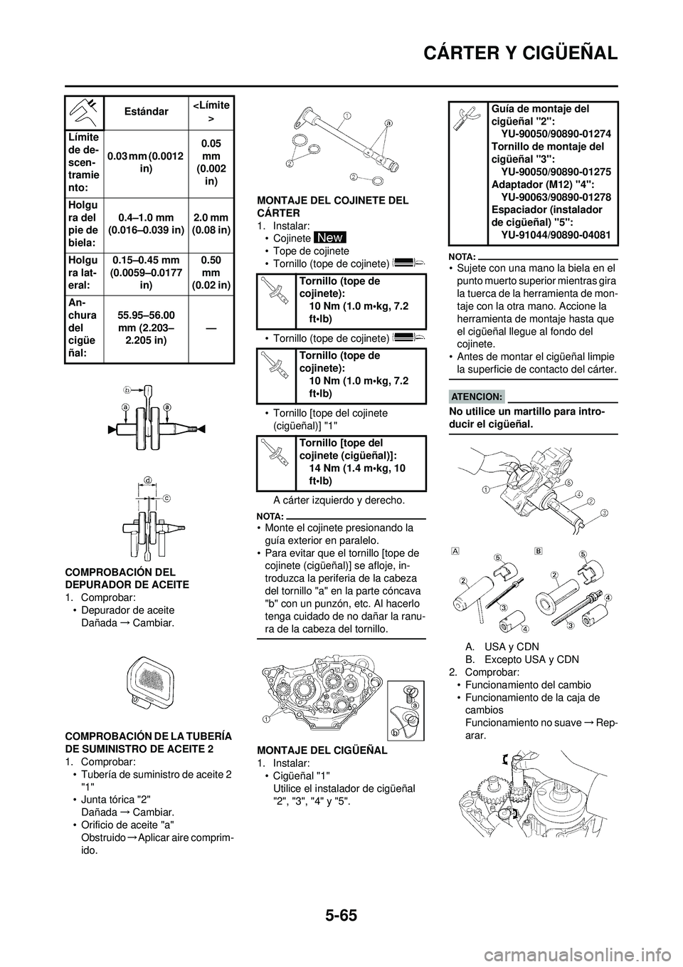 YAMAHA WR 250F 2008  Manuale de Empleo (in Spanish) 5-65
CÁRTER Y CIGÜEÑAL
COMPROBACIÓN DEL 
DEPURADOR DE ACEITE
1. Comprobar:• Depurador de aceiteDañada →Cambiar.
COMPROBACIÓN DE LA TUBERÍA 
DE SUMINISTRO DE ACEITE 2
1. Comprobar: • Tuber