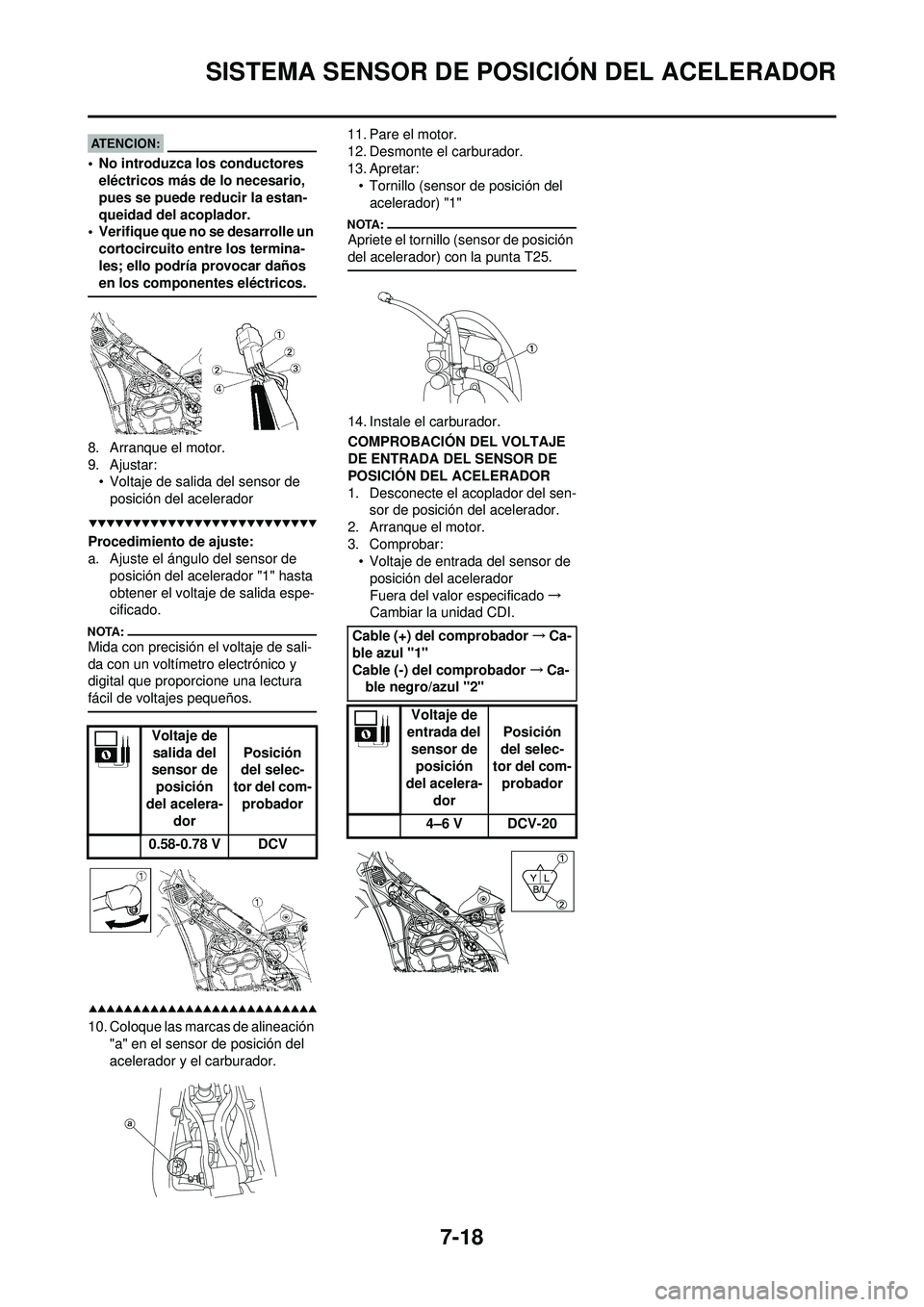YAMAHA WR 250F 2008 Manuale de Empleo (in Spanish) 7-18
SISTEMA SENSOR DE POSICIÓN DEL ACELERADOR
• No introduzca los conductores eléctricos más de lo necesario,
pues se puede reducir la estan-
queidad del acoplador.
• Verifique que no se desa YAMAHA WR 250F 2008 Manuale de Empleo (in Spanish) 7-18
SISTEMA SENSOR DE POSICIÓN DEL ACELERADOR
• No introduzca los conductores eléctricos más de lo necesario,
pues se puede reducir la estan-
queidad del acoplador.
• Verifique que no se desa