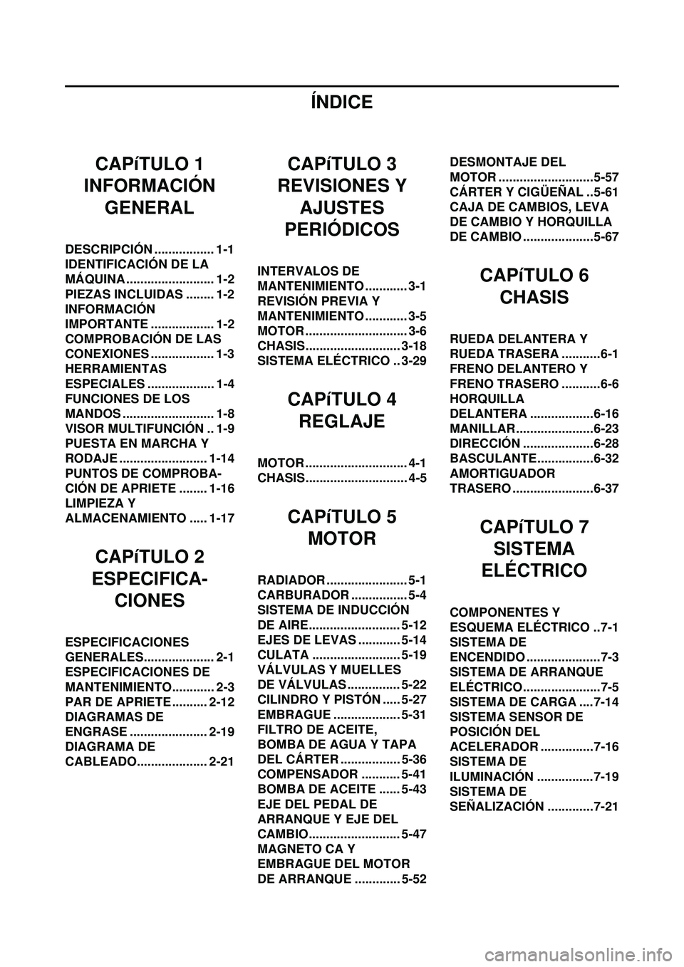 YAMAHA WR 250F 2008 Manuale de Empleo (in Spanish) ÍNDICE
CAPíTULO 1
INFORMACIÓN
GENERAL
DESCRIPCIÓN ................. 1-1
IDENTIFICACIÓN DE LA
MÁQUINA ......................... 1-2
PIEZAS INCLUIDAS ........ 1-2
INFORMACIÓN
IMPORTANTE ...... YAMAHA WR 250F 2008 Manuale de Empleo (in Spanish) ÍNDICE
CAPíTULO 1
INFORMACIÓN
GENERAL
DESCRIPCIÓN ................. 1-1
IDENTIFICACIÓN DE LA
MÁQUINA ......................... 1-2
PIEZAS INCLUIDAS ........ 1-2
INFORMACIÓN
IMPORTANTE ......