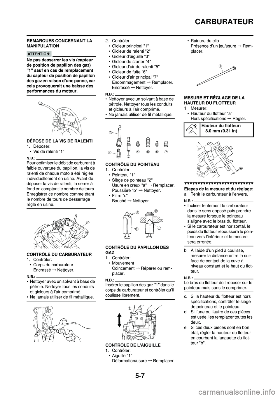 YAMAHA WR 250F 2008 Notices Demploi (in French) 5-7
CARBURATEUR
REMARQUES CONCERNANT LA
MANIPULATION
Ne pas desserrer les vis (capteur
de position de papillon des gaz)
"1" sauf en cas de remplacement
du capteur de position de papillon
des gaz YAMAHA WR 250F 2008 Notices Demploi (in French) 5-7
CARBURATEUR
REMARQUES CONCERNANT LA
MANIPULATION
Ne pas desserrer les vis (capteur
de position de papillon des gaz)
"1" sauf en cas de remplacement
du capteur de position de papillon
des gaz