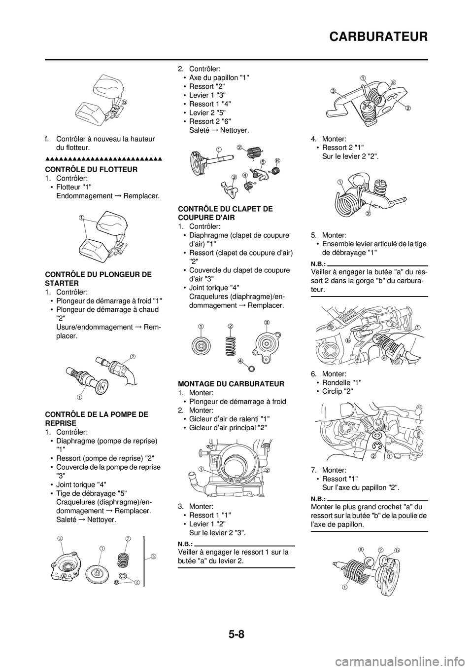 YAMAHA WR 250F 2008 Notices Demploi (in French) 5-8
CARBURATEUR
f. Contrôler à nouveau la hauteur du flotteur.
CONTRÔLE DU FLOTTEUR
1. Contrôler:•Flotteur "1"Endommagement →Remplacer.
CONTRÔLE DU PLONGEUR DE
STARTER
1. Contrôler: • Plo YAMAHA WR 250F 2008 Notices Demploi (in French) 5-8
CARBURATEUR
f. Contrôler à nouveau la hauteur du flotteur.
CONTRÔLE DU FLOTTEUR
1. Contrôler:•Flotteur "1"Endommagement →Remplacer.
CONTRÔLE DU PLONGEUR DE
STARTER
1. Contrôler: • Plo