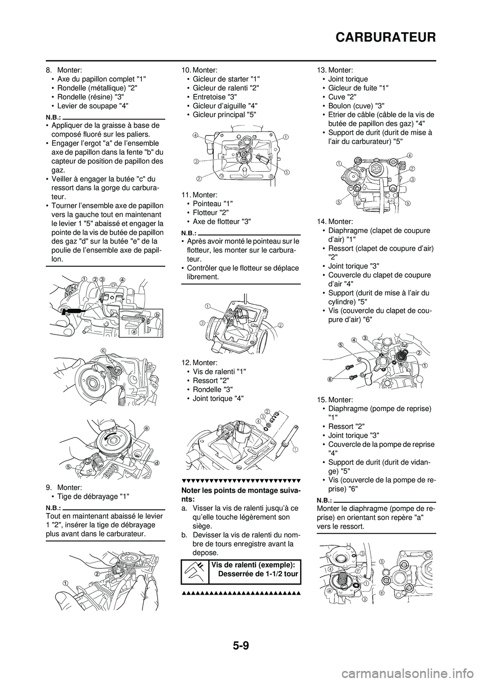 YAMAHA WR 250F 2008 Notices Demploi (in French) 5-9
CARBURATEUR
8. Monter:• Axe du papillon complet "1"
• Rondelle (métallique) "2"
• Rondelle (résine) "3"
• Levier de soupape "4"
• Appliquer de la graisse à base de composé fluoré su YAMAHA WR 250F 2008 Notices Demploi (in French) 5-9
CARBURATEUR
8. Monter:• Axe du papillon complet "1"
• Rondelle (métallique) "2"
• Rondelle (résine) "3"
• Levier de soupape "4"
• Appliquer de la graisse à base de composé fluoré su