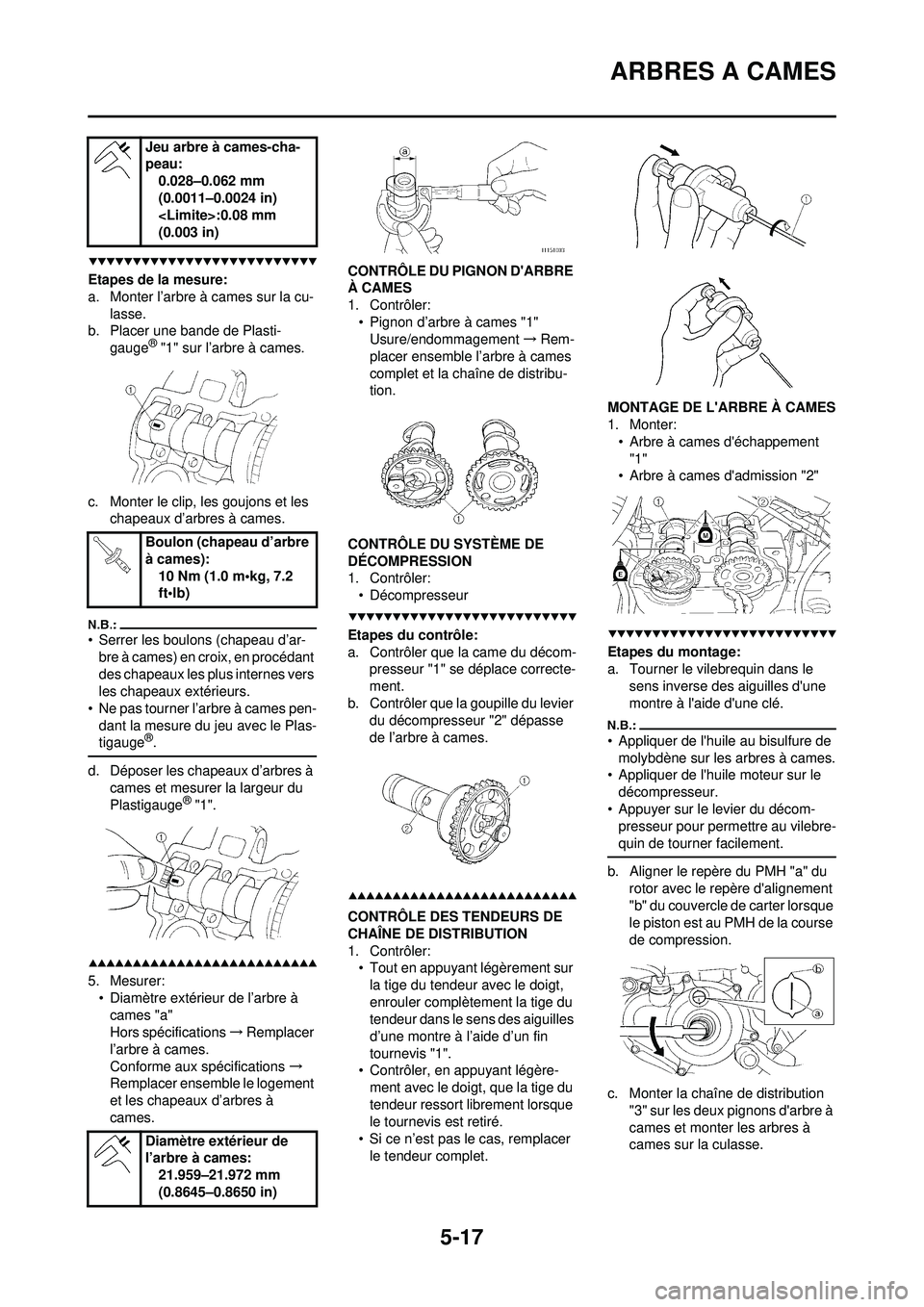 YAMAHA WR 250F 2008 Notices Demploi (in French) 5-17
ARBRES A CAMES
Etapes de la mesure:
a. Monter l’arbre à cames sur la cu-lasse.
b. Placer une bande de Plasti-
gauge
® "1" sur l’arbre à cames.
c. Monter le clip, les goujons et les chapea YAMAHA WR 250F 2008 Notices Demploi (in French) 5-17
ARBRES A CAMES
Etapes de la mesure:
a. Monter l’arbre à cames sur la cu-lasse.
b. Placer une bande de Plasti-
gauge
® "1" sur l’arbre à cames.
c. Monter le clip, les goujons et les chapea