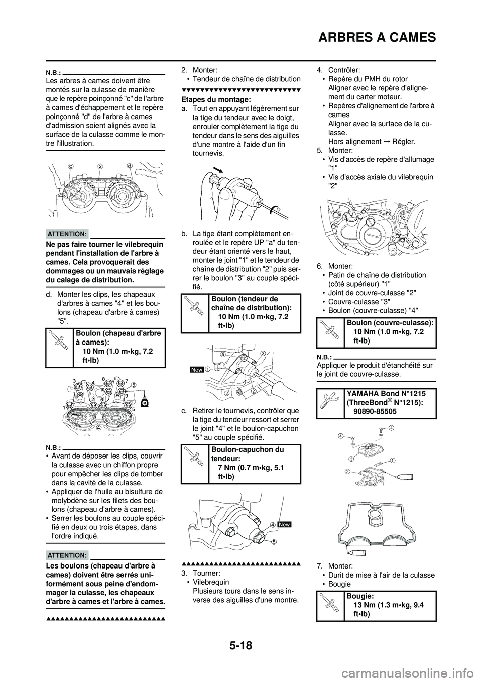 YAMAHA WR 250F 2008 Notices Demploi (in French) 5-18
ARBRES A CAMES
Les arbres à cames doivent être
montés sur la culasse de manière
que le repère poinçonné "c" de larbre
à cames déchappement et le repère
poinçonné "d" de larbre YAMAHA WR 250F 2008 Notices Demploi (in French) 5-18
ARBRES A CAMES
Les arbres à cames doivent être
montés sur la culasse de manière
que le repère poinçonné "c" de larbre
à cames déchappement et le repère
poinçonné "d" de larbre
