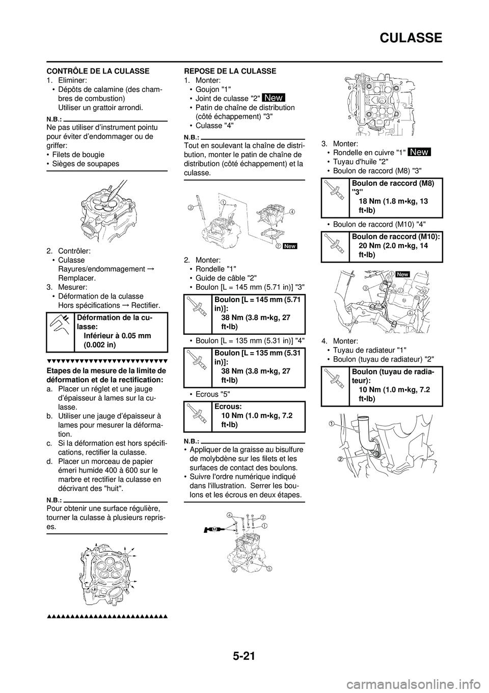 YAMAHA WR 250F 2008 Notices Demploi (in French) 5-21
CULASSE
CONTRÔLE DE LA CULASSE
1. Eliminer:• Dépôts de calamine (des cham-bres de combustion)
Utiliser un grattoir arrondi.
Ne pas utiliser d’instrument pointu
pour éviter d’endommager YAMAHA WR 250F 2008 Notices Demploi (in French) 5-21
CULASSE
CONTRÔLE DE LA CULASSE
1. Eliminer:• Dépôts de calamine (des cham-bres de combustion)
Utiliser un grattoir arrondi.
Ne pas utiliser d’instrument pointu
pour éviter d’endommager
