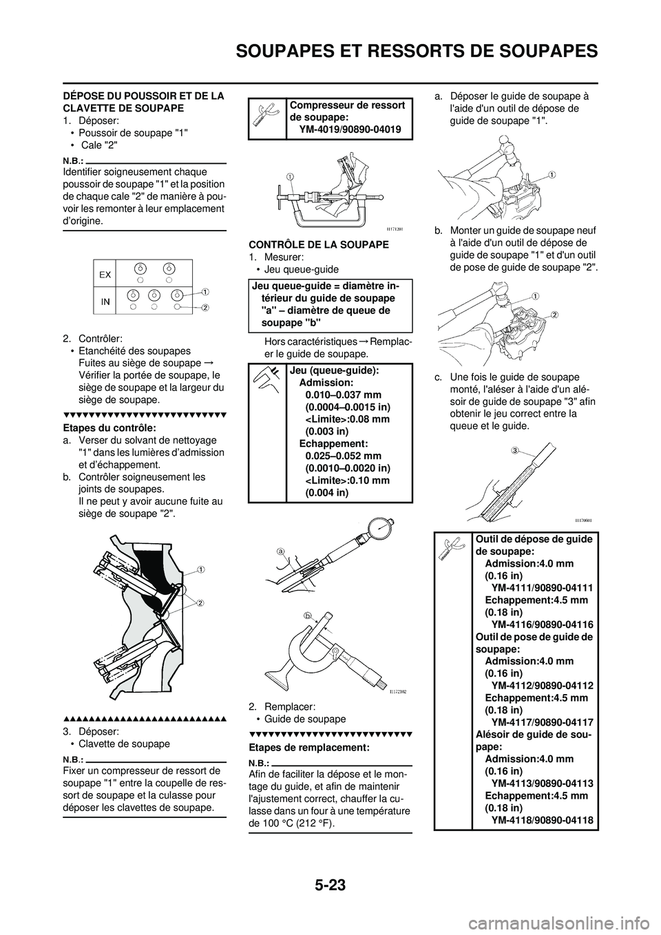 YAMAHA WR 250F 2008 Notices Demploi (in French) 5-23
SOUPAPES ET RESSORTS DE SOUPAPES
DÉPOSE DU POUSSOIR ET DE LA
CLAVETTE DE SOUPAPE
1. Déposer:• Poussoir de soupape "1"
• Cale "2"
Identifier soigneusement chaque
poussoir de soupape "1" e YAMAHA WR 250F 2008 Notices Demploi (in French) 5-23
SOUPAPES ET RESSORTS DE SOUPAPES
DÉPOSE DU POUSSOIR ET DE LA
CLAVETTE DE SOUPAPE
1. Déposer:• Poussoir de soupape "1"
• Cale "2"
Identifier soigneusement chaque
poussoir de soupape "1" e
