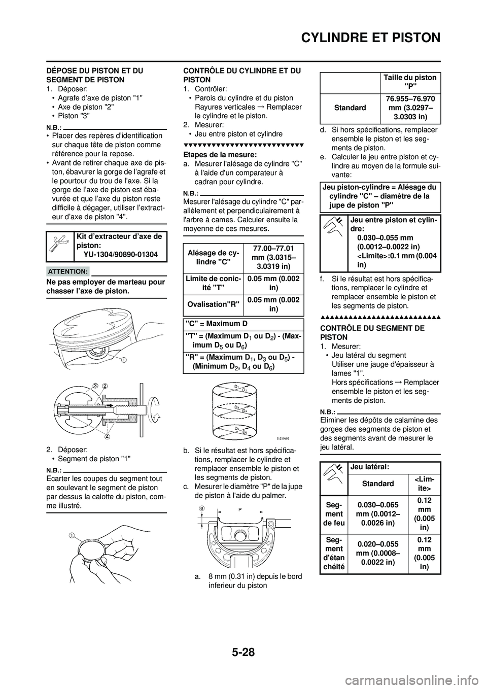 YAMAHA WR 250F 2008 Notices Demploi (in French) 5-28
CYLINDRE ET PISTON
DÉPOSE DU PISTON ET DU
SEGMENT DE PISTON
1. Déposer:• Agrafe d’axe de piston "1"
• Axe de piston "2"
• Piston "3"
• Placer des repères d’identification sur chaq YAMAHA WR 250F 2008 Notices Demploi (in French) 5-28
CYLINDRE ET PISTON
DÉPOSE DU PISTON ET DU
SEGMENT DE PISTON
1. Déposer:• Agrafe d’axe de piston "1"
• Axe de piston "2"
• Piston "3"
• Placer des repères d’identification sur chaq