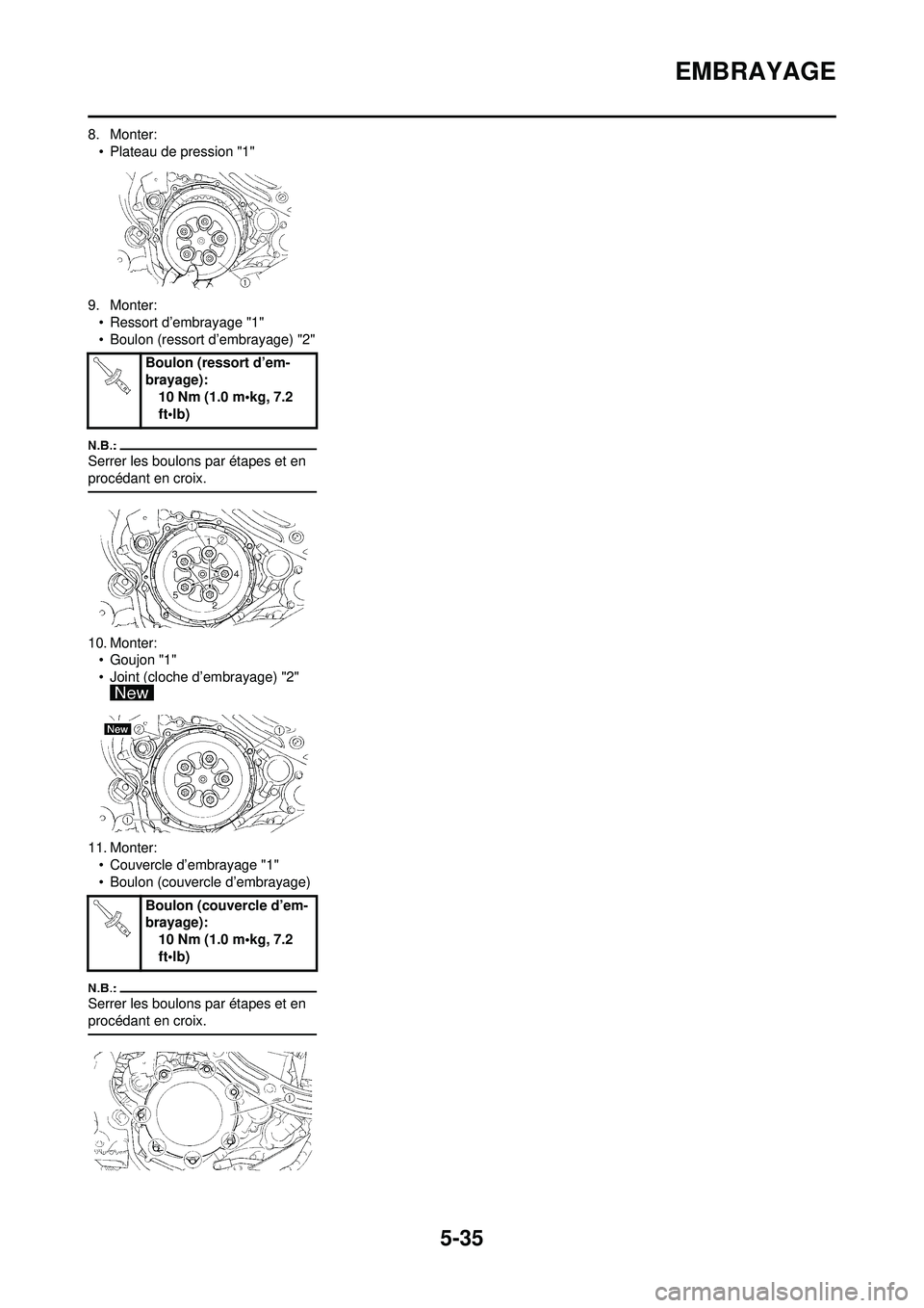 YAMAHA WR 250F 2008 Notices Demploi (in French) 5-35
EMBRAYAGE
8. Monter:• Plateau de pression "1"
9. Monter: • Ressort d’embrayage "1"
• Boulon (ressort d’embrayage) "2"
Serrer les boulons par étapes et en
procédant en croix.
10. Mont YAMAHA WR 250F 2008 Notices Demploi (in French) 5-35
EMBRAYAGE
8. Monter:• Plateau de pression "1"
9. Monter: • Ressort d’embrayage "1"
• Boulon (ressort d’embrayage) "2"
Serrer les boulons par étapes et en
procédant en croix.
10. Mont