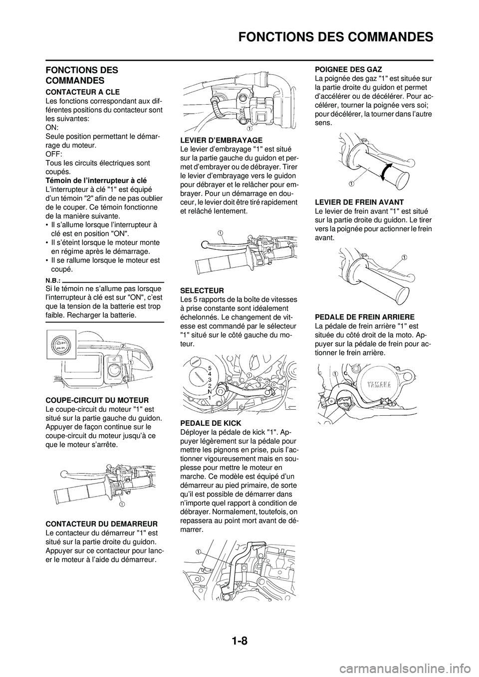 YAMAHA WR 250F 2008 Notices Demploi (in French) 1-8
FONCTIONS DES COMMANDES
FONCTIONS DES
COMMANDES
CONTACTEUR A CLE
Les fonctions correspondant aux dif-
férentes positions du contacteur sont
les suivantes:
ON:
Seule position permettant le déma YAMAHA WR 250F 2008 Notices Demploi (in French) 1-8
FONCTIONS DES COMMANDES
FONCTIONS DES
COMMANDES
CONTACTEUR A CLE
Les fonctions correspondant aux dif-
férentes positions du contacteur sont
les suivantes:
ON:
Seule position permettant le déma