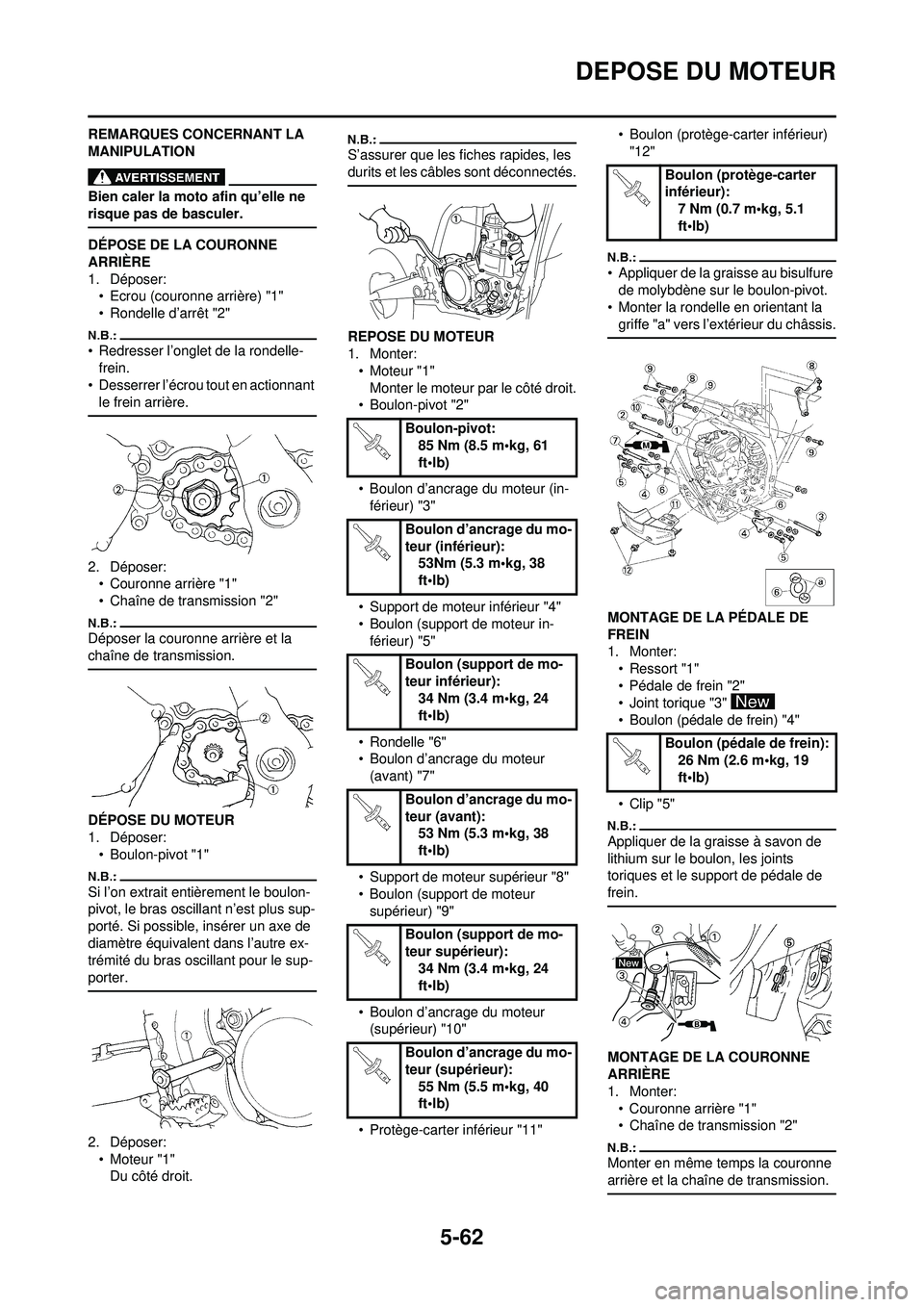 YAMAHA WR 250F 2008 Notices Demploi (in French) 5-62
DEPOSE DU MOTEUR
REMARQUES CONCERNANT LA
MANIPULATION
Bien caler la moto afin qu’elle ne
risque pas de basculer.
DÉPOSE DE LA COURONNE
ARRIÈRE
1. Déposer:• Ecrou (couronne arrière) "1" YAMAHA WR 250F 2008 Notices Demploi (in French) 5-62
DEPOSE DU MOTEUR
REMARQUES CONCERNANT LA
MANIPULATION
Bien caler la moto afin qu’elle ne
risque pas de basculer.
DÉPOSE DE LA COURONNE
ARRIÈRE
1. Déposer:• Ecrou (couronne arrière) "1"