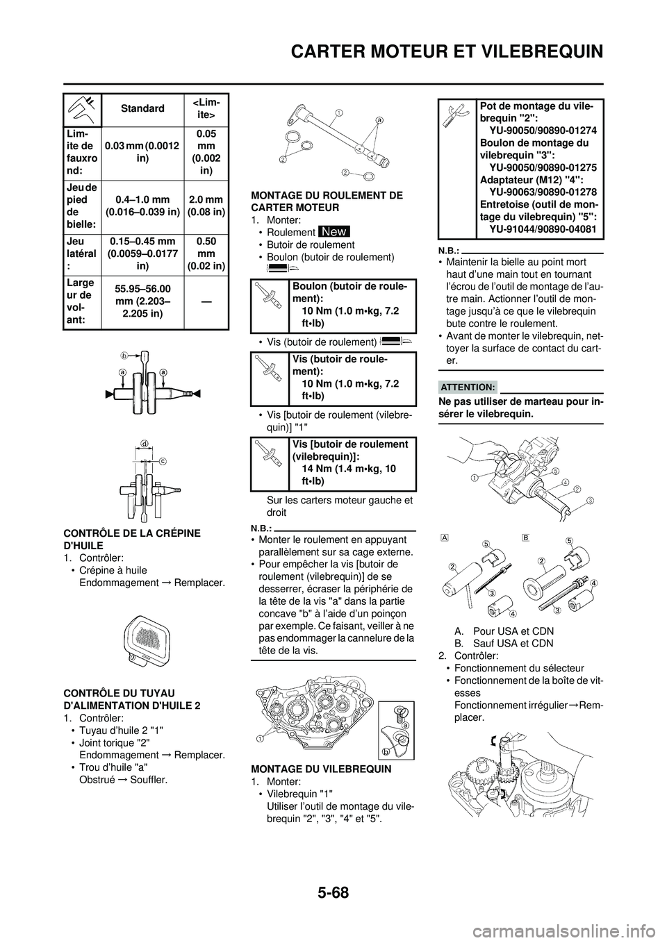 YAMAHA WR 250F 2008 Notices Demploi (in French) 5-68
CARTER MOTEUR ET VILEBREQUIN
CONTRÔLE DE LA CRÉPINE
DHUILE
1. Contrôler:• Crépine à huile
Endommagement →Remplacer.
CONTRÔLE DU TUYAU
DALIMENTATION DHUILE 2
1. Contrôler: • Tuya YAMAHA WR 250F 2008 Notices Demploi (in French) 5-68
CARTER MOTEUR ET VILEBREQUIN
CONTRÔLE DE LA CRÉPINE
DHUILE
1. Contrôler:• Crépine à huile
Endommagement →Remplacer.
CONTRÔLE DU TUYAU
DALIMENTATION DHUILE 2
1. Contrôler: • Tuya