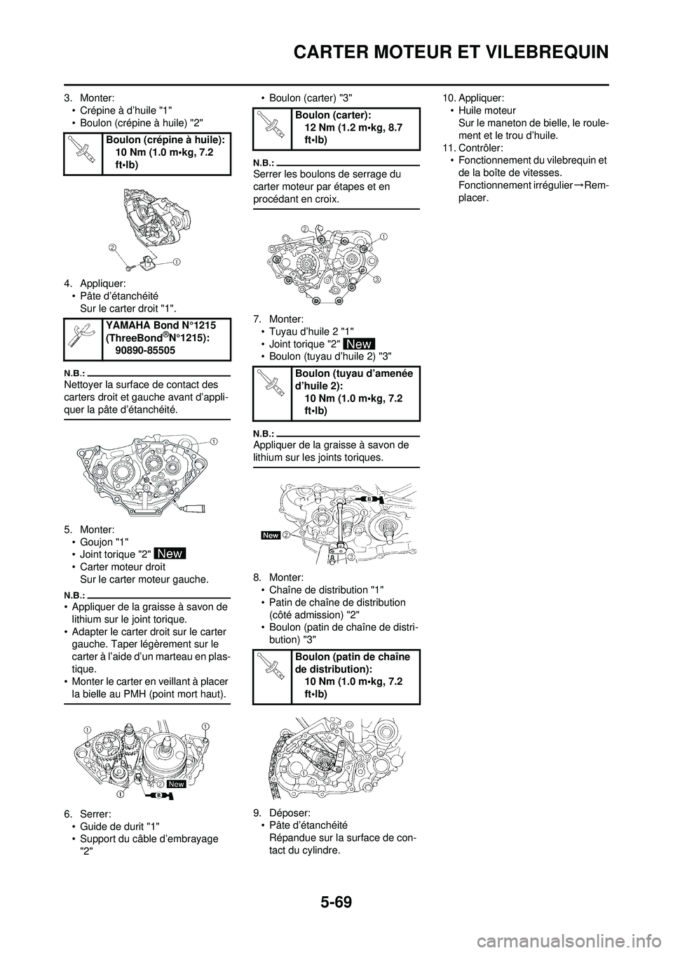 YAMAHA WR 250F 2008 Notices Demploi (in French) 5-69
CARTER MOTEUR ET VILEBREQUIN
3. Monter:• Crépine à d’huile "1"
• Boulon (crépine à huile) "2"
4. Appliquer: • Pâte d’étanchéitéSur le carter droit "1".
Nettoyer la surface de co YAMAHA WR 250F 2008 Notices Demploi (in French) 5-69
CARTER MOTEUR ET VILEBREQUIN
3. Monter:• Crépine à d’huile "1"
• Boulon (crépine à huile) "2"
4. Appliquer: • Pâte d’étanchéitéSur le carter droit "1".
Nettoyer la surface de co