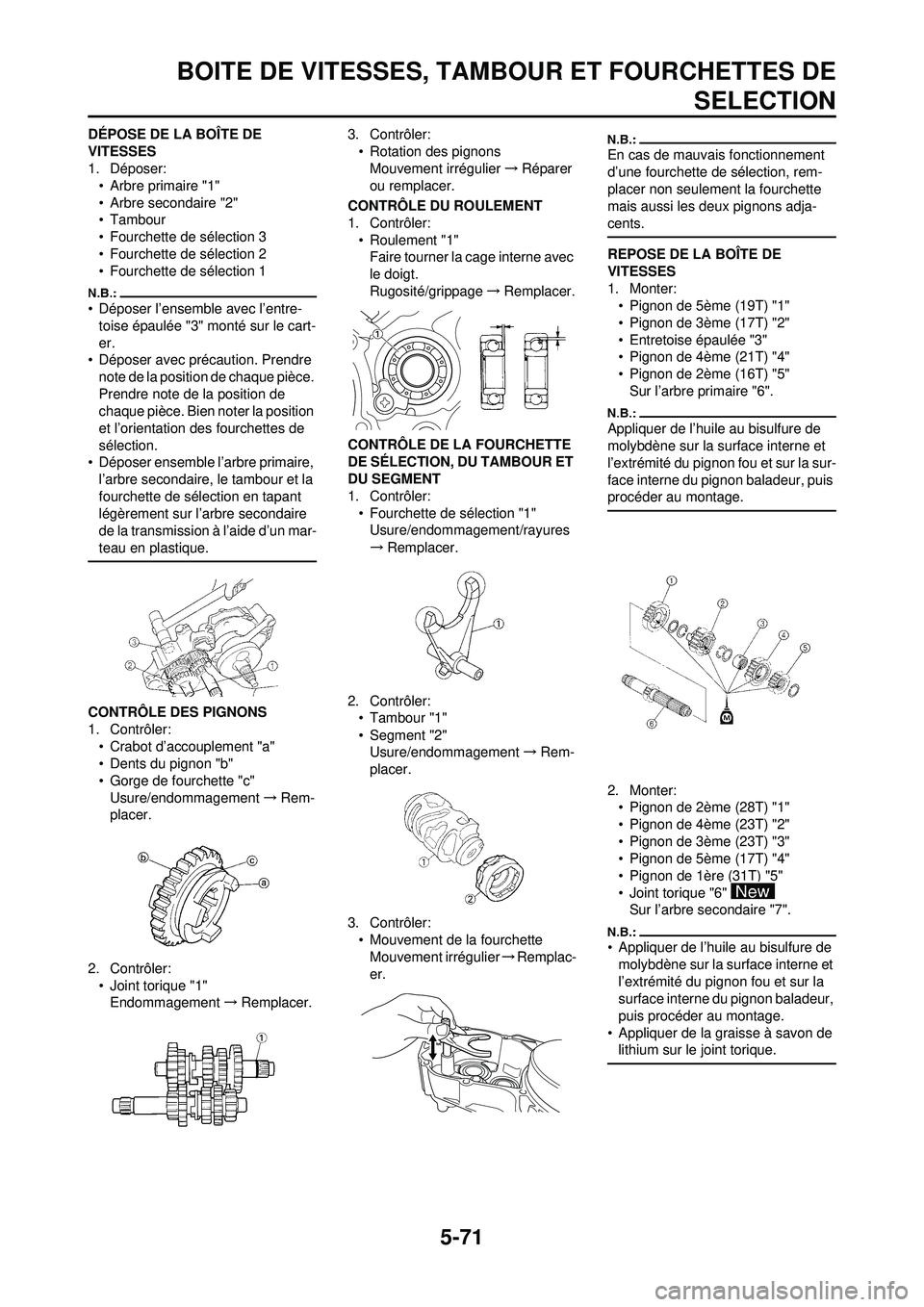 YAMAHA WR 250F 2008 Notices Demploi (in French) 5-71
BOITE DE VITESSES, TAMBOUR ET FOURCHETTES DESELECTION
DÉPOSE DE LA BOÎTE DE
VITESSES
1. Déposer:
• Arbre primaire "1"
• Arbre secondaire "2"
• Tambour
• Fourchette de sélection 3
• YAMAHA WR 250F 2008 Notices Demploi (in French) 5-71
BOITE DE VITESSES, TAMBOUR ET FOURCHETTES DESELECTION
DÉPOSE DE LA BOÎTE DE
VITESSES
1. Déposer:
• Arbre primaire "1"
• Arbre secondaire "2"
• Tambour
• Fourchette de sélection 3
•