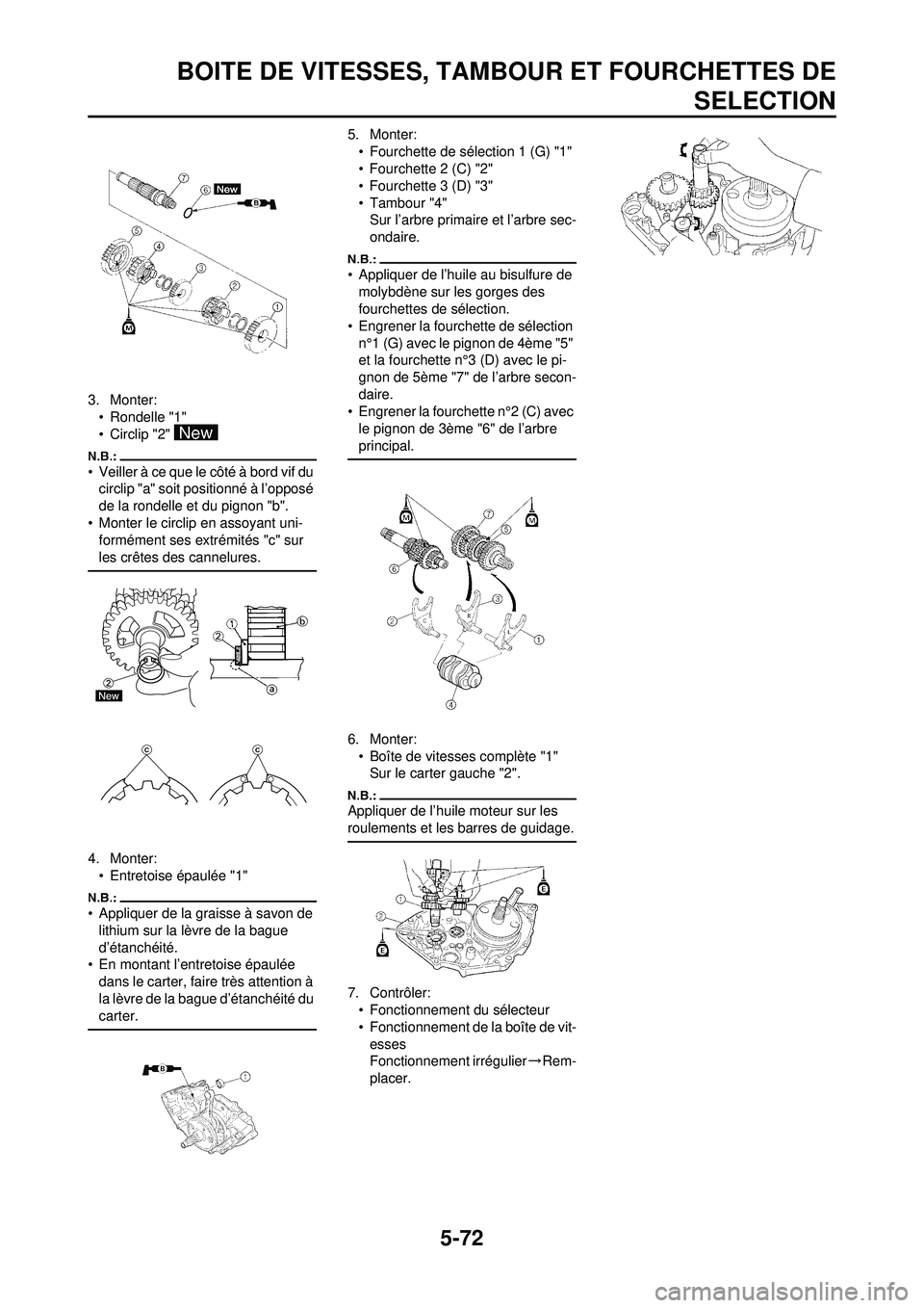 YAMAHA WR 250F 2008 Notices Demploi (in French) 5-72
BOITE DE VITESSES, TAMBOUR ET FOURCHETTES DESELECTION
3. Monter:
• Rondelle "1"
• Circlip "2"
• Veiller à ce que le côté à bord vif du circlip "a" soit positionné à l’opposé
de l YAMAHA WR 250F 2008 Notices Demploi (in French) 5-72
BOITE DE VITESSES, TAMBOUR ET FOURCHETTES DESELECTION
3. Monter:
• Rondelle "1"
• Circlip "2"
• Veiller à ce que le côté à bord vif du circlip "a" soit positionné à l’opposé
de l