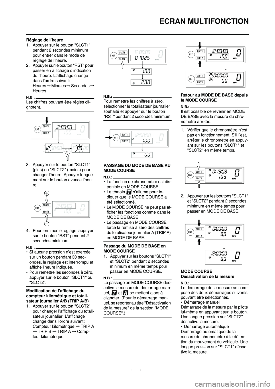 YAMAHA WR 250F 2008 Notices Demploi (in French) 1-10
ECRAN MULTIFONCTION
Réglage de l’heure
1. Appuyer sur le bouton "SLCT1" pendant 2 secondes minimum
pour entrer dans le mode de
réglage de l’heure.
2. Appuyer sur le bouton "RST" pour pas YAMAHA WR 250F 2008 Notices Demploi (in French) 1-10
ECRAN MULTIFONCTION
Réglage de l’heure
1. Appuyer sur le bouton "SLCT1" pendant 2 secondes minimum
pour entrer dans le mode de
réglage de l’heure.
2. Appuyer sur le bouton "RST" pour pas