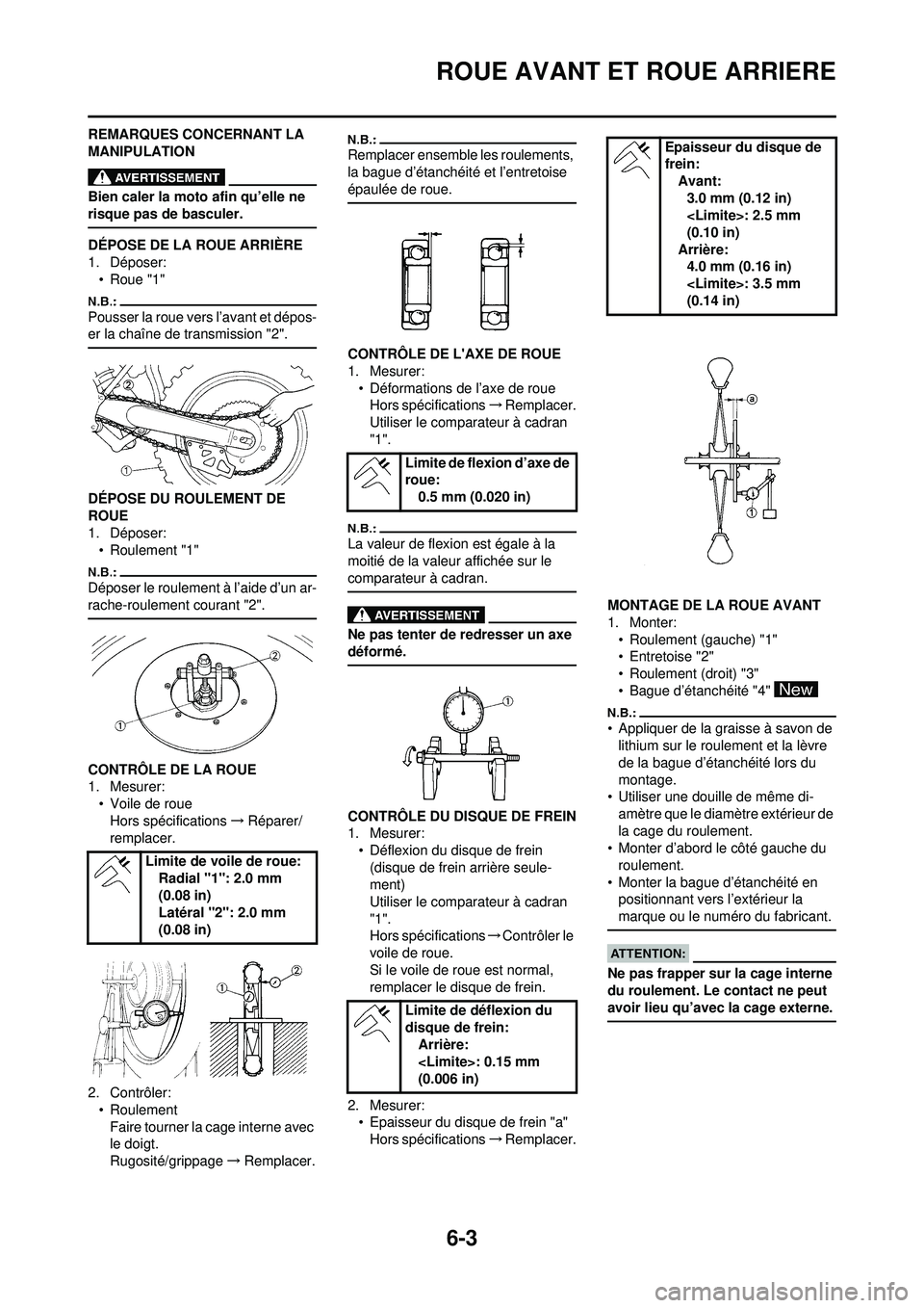 YAMAHA WR 250F 2008 Notices Demploi (in French) 6-3
ROUE AVANT ET ROUE ARRIERE
REMARQUES CONCERNANT LA
MANIPULATION
Bien caler la moto afin qu’elle ne
risque pas de basculer.
DÉPOSE DE LA ROUE ARRIÈRE
1. Déposer:• Roue "1"
Pousser la roue YAMAHA WR 250F 2008 Notices Demploi (in French) 6-3
ROUE AVANT ET ROUE ARRIERE
REMARQUES CONCERNANT LA
MANIPULATION
Bien caler la moto afin qu’elle ne
risque pas de basculer.
DÉPOSE DE LA ROUE ARRIÈRE
1. Déposer:• Roue "1"
Pousser la roue