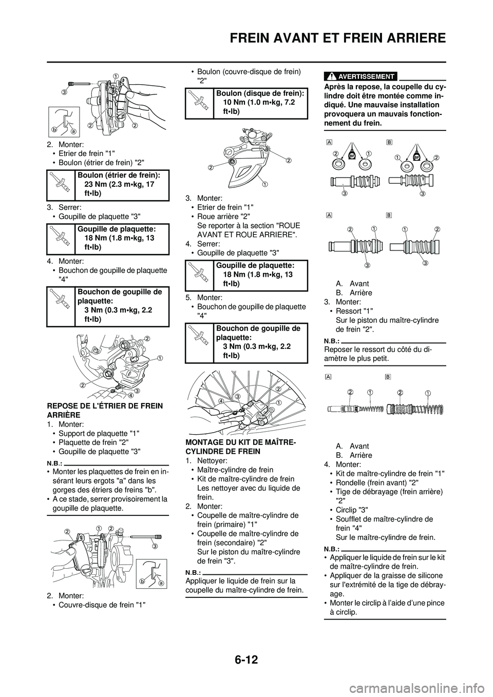YAMAHA WR 250F 2008 Notices Demploi (in French) 6-12
FREIN AVANT ET FREIN ARRIERE
2. Monter:• Etrier de frein "1"
• Boulon (étrier de frein) "2"
3. Serrer: • Goupille de plaquette "3"
4. Monter: • Bouchon de goupille de plaquette
"4"
REPO YAMAHA WR 250F 2008 Notices Demploi (in French) 6-12
FREIN AVANT ET FREIN ARRIERE
2. Monter:• Etrier de frein "1"
• Boulon (étrier de frein) "2"
3. Serrer: • Goupille de plaquette "3"
4. Monter: • Bouchon de goupille de plaquette
"4"
REPO