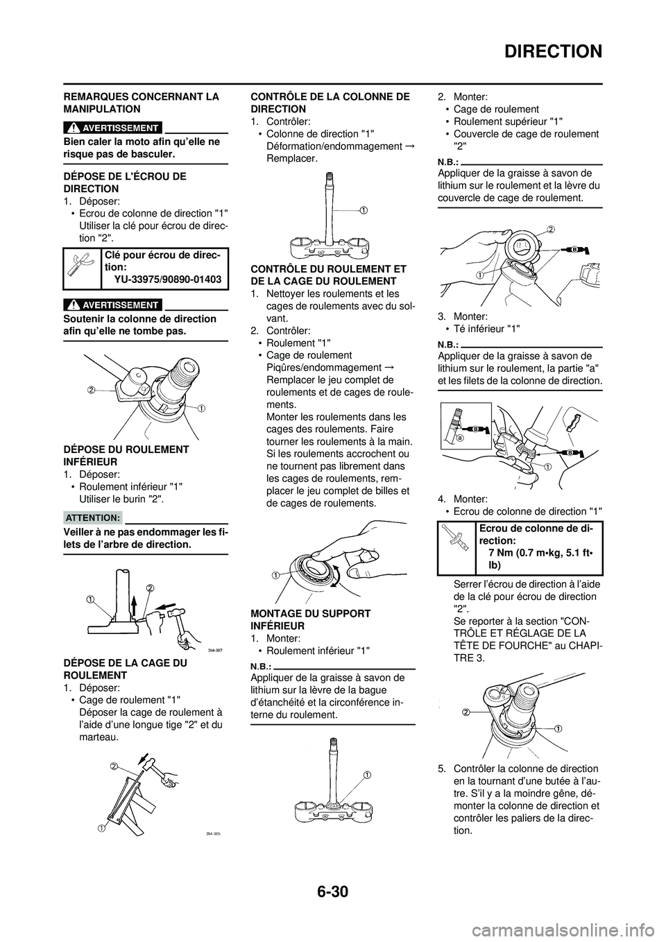 YAMAHA WR 250F 2008 Notices Demploi (in French) 6-30
DIRECTION
REMARQUES CONCERNANT LA
MANIPULATION
Bien caler la moto afin qu’elle ne
risque pas de basculer.
DÉPOSE DE LÉCROU DE
DIRECTION
1. Déposer:• Ecrou de colonne de direction "1"
U YAMAHA WR 250F 2008 Notices Demploi (in French) 6-30
DIRECTION
REMARQUES CONCERNANT LA
MANIPULATION
Bien caler la moto afin qu’elle ne
risque pas de basculer.
DÉPOSE DE LÉCROU DE
DIRECTION
1. Déposer:• Ecrou de colonne de direction "1"
U