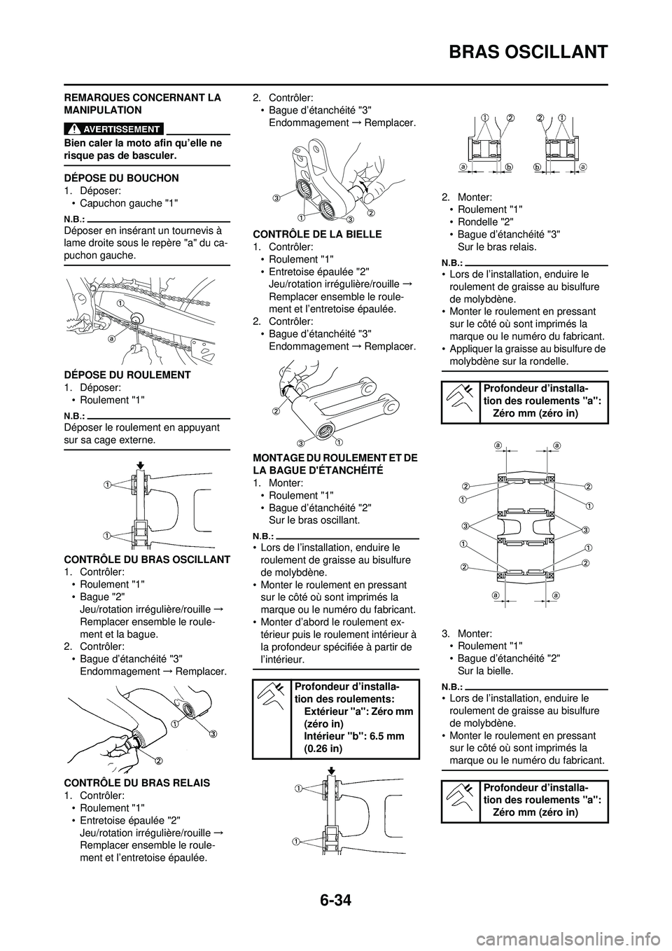 YAMAHA WR 250F 2008 Notices Demploi (in French) 6-34
BRAS OSCILLANT
REMARQUES CONCERNANT LA
MANIPULATION
Bien caler la moto afin qu’elle ne
risque pas de basculer.
DÉPOSE DU BOUCHON
1. Déposer:• Capuchon gauche "1"
Déposer en insérant un YAMAHA WR 250F 2008 Notices Demploi (in French) 6-34
BRAS OSCILLANT
REMARQUES CONCERNANT LA
MANIPULATION
Bien caler la moto afin qu’elle ne
risque pas de basculer.
DÉPOSE DU BOUCHON
1. Déposer:• Capuchon gauche "1"
Déposer en insérant un