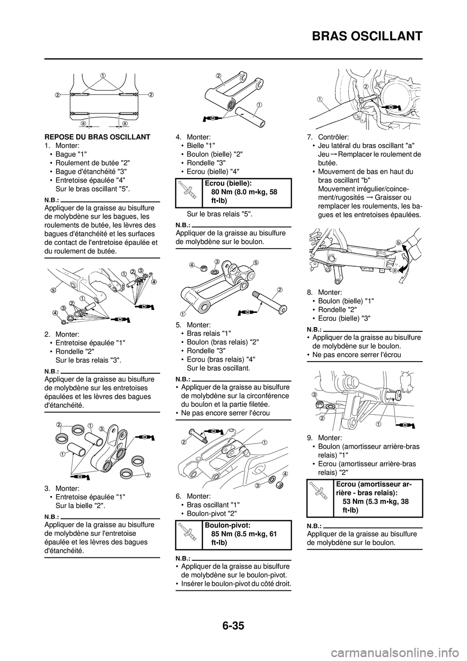 YAMAHA WR 250F 2008 Notices Demploi (in French) 6-35
BRAS OSCILLANT
REPOSE DU BRAS OSCILLANT
1. Monter:• Bague "1"
• Roulement de butée "2"
• Bague détanchéité "3"
• Entretoise épaulée "4"Sur le bras oscillant "5".
Appliquer de la gr YAMAHA WR 250F 2008 Notices Demploi (in French) 6-35
BRAS OSCILLANT
REPOSE DU BRAS OSCILLANT
1. Monter:• Bague "1"
• Roulement de butée "2"
• Bague détanchéité "3"
• Entretoise épaulée "4"Sur le bras oscillant "5".
Appliquer de la gr