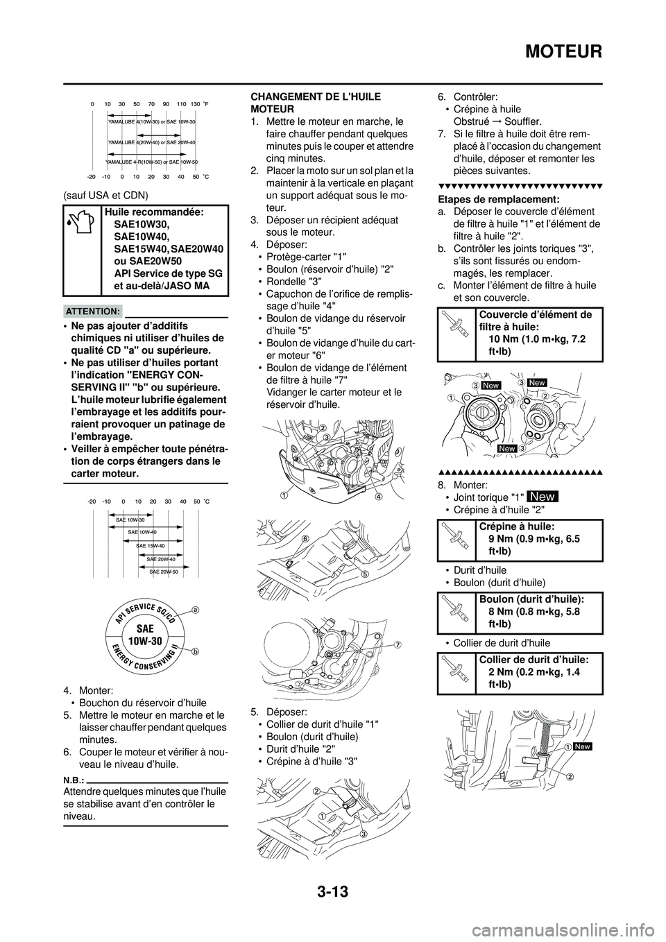 YAMAHA WR 250F 2008 Notices Demploi (in French) 3-13
MOTEUR
(sauf USA et CDN)
• Ne pas ajouter d’additifs chimiques ni utiliser d’huiles de
qualité CD "a" ou supérieure.
• Ne pas utiliser d’huiles portant l’indication "ENERGY CON-
S YAMAHA WR 250F 2008 Notices Demploi (in French) 3-13
MOTEUR
(sauf USA et CDN)
• Ne pas ajouter d’additifs chimiques ni utiliser d’huiles de
qualité CD "a" ou supérieure.
• Ne pas utiliser d’huiles portant l’indication "ENERGY CON-
S