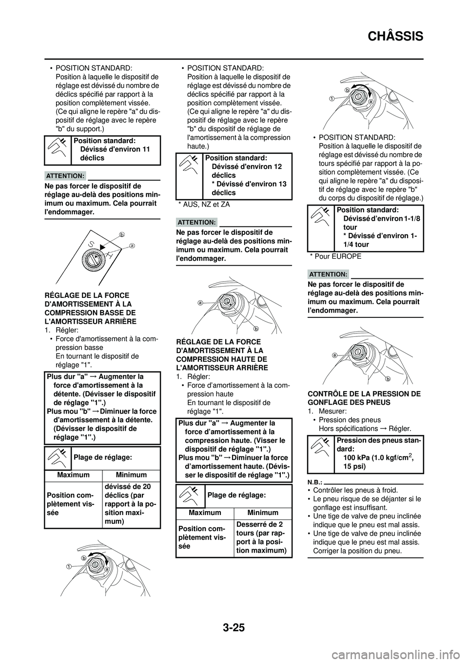 YAMAHA WR 250F 2008 Notices Demploi (in French) 3-25
CHÂSSIS
• POSITION STANDARD:Position à laquelle le dispositif de
réglage est dévissé du nombre de
déclics spécifié par rapport à la
position complète ment vissée.
(Ce qui aligne YAMAHA WR 250F 2008 Notices Demploi (in French) 3-25
CHÂSSIS
• POSITION STANDARD:Position à laquelle le dispositif de
réglage est dévissé du nombre de
déclics spécifié par rapport à la
position complète ment vissée.
(Ce qui aligne