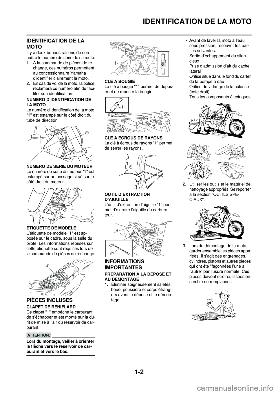 YAMAHA WR 250F 2008 Notices Demploi (in French) 1-2
IDENTIFICATION DE LA MOTO
IDENTIFICATION DE LA
MOTO
Il y a deux bonnes raisons de con-
naître le numéro de série de sa moto:
1. A la commande de pièces de re-change, ces numéros permettent
YAMAHA WR 250F 2008 Notices Demploi (in French) 1-2
IDENTIFICATION DE LA MOTO
IDENTIFICATION DE LA
MOTO
Il y a deux bonnes raisons de con-
naître le numéro de série de sa moto:
1. A la commande de pièces de re-change, ces numéros permettent