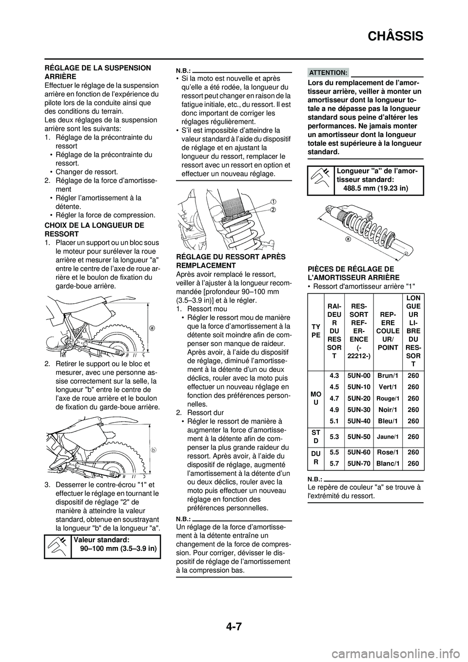 YAMAHA WR 250F 2008 Notices Demploi (in French) 4-7
CHÂSSIS
RÉGLAGE DE LA SUSPENSION
ARRIÈRE
Effectuer le réglage de la suspension
arrière en fonction de l’expérience du
pilote lors de la conduite ainsi que
des conditions du terrain.
Le YAMAHA WR 250F 2008 Notices Demploi (in French) 4-7
CHÂSSIS
RÉGLAGE DE LA SUSPENSION
ARRIÈRE
Effectuer le réglage de la suspension
arrière en fonction de l’expérience du
pilote lors de la conduite ainsi que
des conditions du terrain.
Le