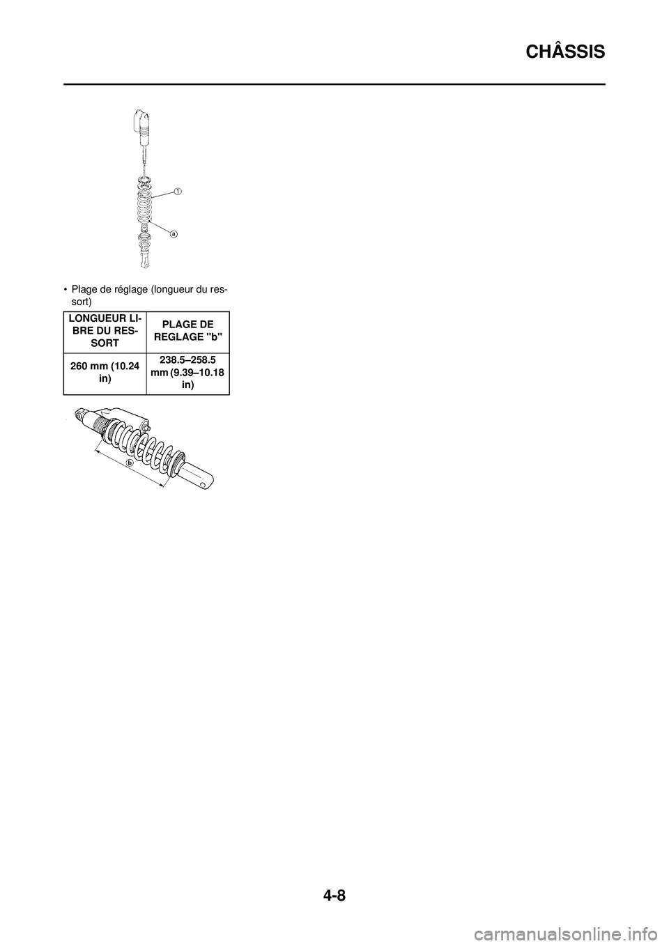YAMAHA WR 250F 2008 Notices Demploi (in French) 4-8
CHÂSSIS
• Plage de réglage (longueur du res-sort)
LONGUEUR LI- BRE DU RES- SORT PLAGE DE
REGLAGE "b"
260 mm (10.24 in) 238.5–258.5
mm (9.39–10.18 in) YAMAHA WR 250F 2008 Notices Demploi (in French) 4-8
CHÂSSIS
• Plage de réglage (longueur du res-sort)
LONGUEUR LI- BRE DU RES- SORT PLAGE DE
REGLAGE "b"
260 mm (10.24 in) 238.5–258.5
mm (9.39–10.18 in)