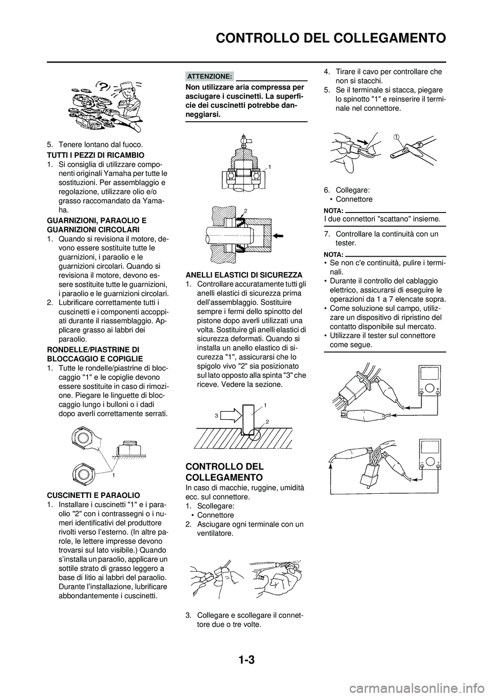 YAMAHA WR 250F 2008 Manuale duso (in Italian) 1-3
CONTROLLO DEL COLLEGAMENTO
5. Tenere lontano dal fuoco.
TUTTI I PEZZI DI RICAMBIO
1. Si consiglia di utilizzare compo-nenti originali Yamaha per tutte le
sostituzioni. Per assemblaggio e
regolaz YAMAHA WR 250F 2008 Manuale duso (in Italian) 1-3
CONTROLLO DEL COLLEGAMENTO
5. Tenere lontano dal fuoco.
TUTTI I PEZZI DI RICAMBIO
1. Si consiglia di utilizzare compo-nenti originali Yamaha per tutte le
sostituzioni. Per assemblaggio e
regolaz