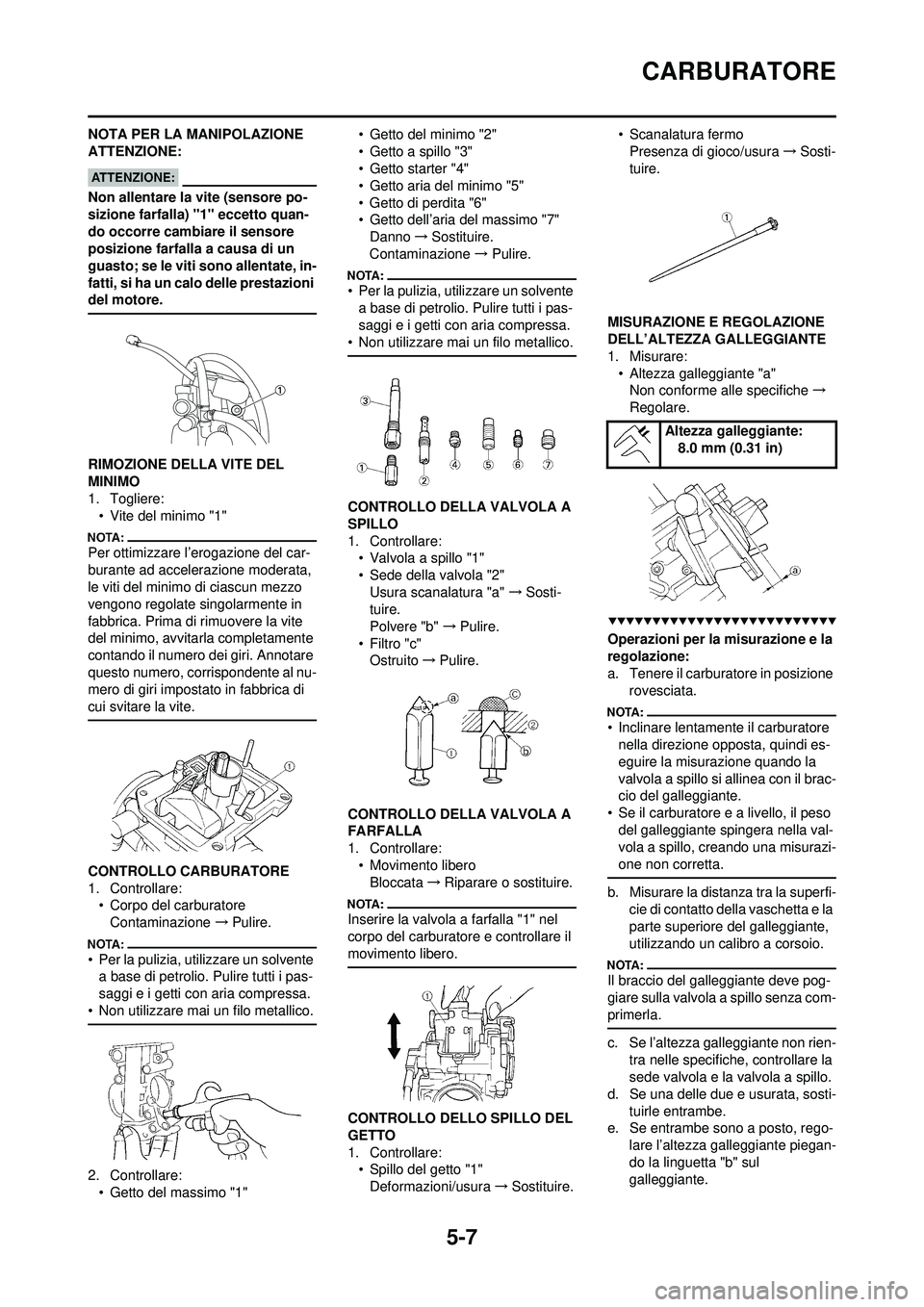 YAMAHA WR 250F 2008 Manuale duso (in Italian) 5-7
CARBURATORE
NOTA PER LA MANIPOLAZIONE
ATTENZIONE:
Non allentare la vite (sensore po-
sizione farfalla) "1" eccetto quan-
do occorre cambiare il sensore
posizione farfalla a causa di un
guasto; YAMAHA WR 250F 2008 Manuale duso (in Italian) 5-7
CARBURATORE
NOTA PER LA MANIPOLAZIONE
ATTENZIONE:
Non allentare la vite (sensore po-
sizione farfalla) "1" eccetto quan-
do occorre cambiare il sensore
posizione farfalla a causa di un
guasto;